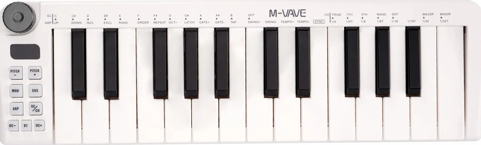 M-VAVE Teclado MIDI de 25 teclas, Mini teclado, creador de ritmos profesional y teclado para producción de música, batería integrada, conexión inalámbrica, color blanco, mini sin