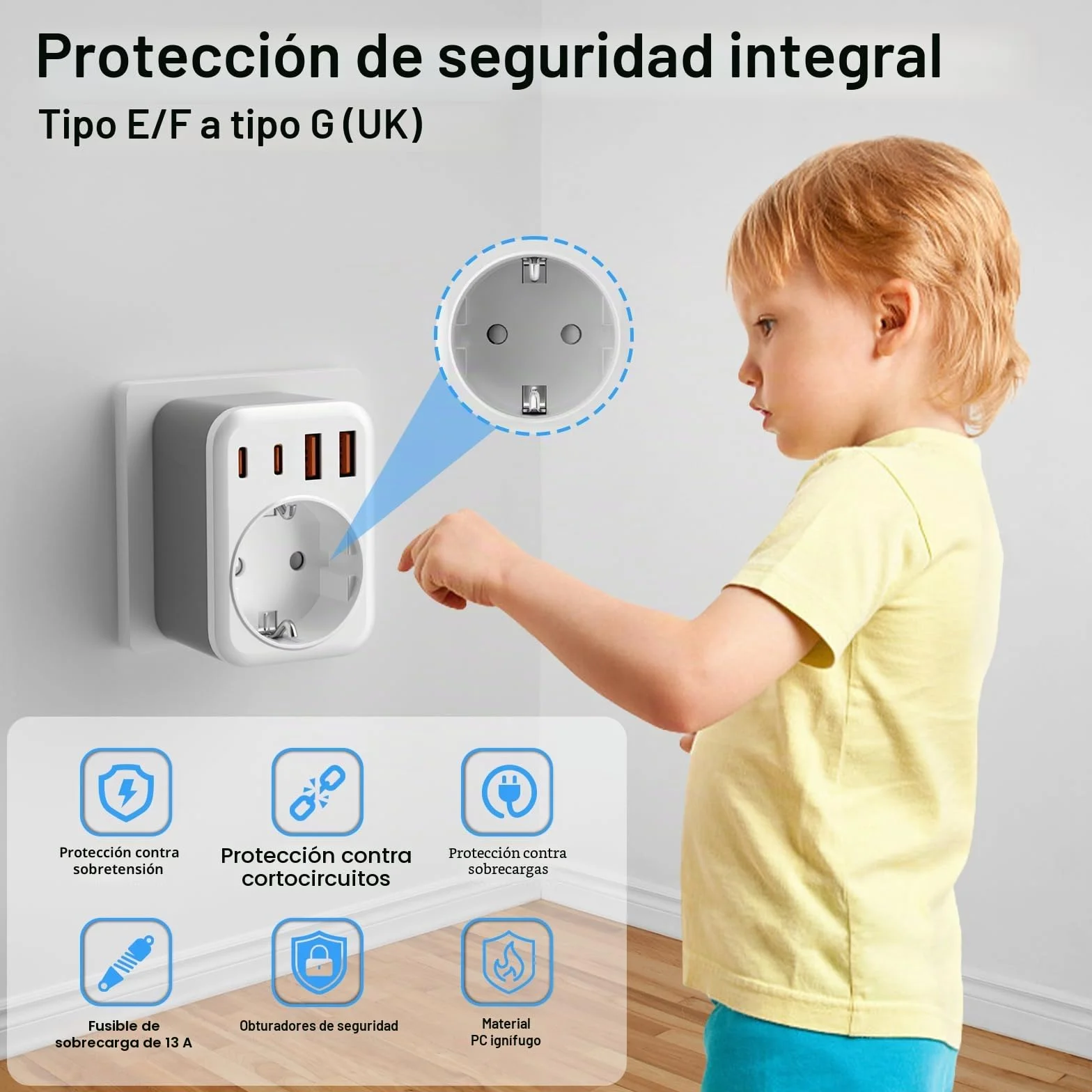 5 en 1 Adaptador Enchufe UK, Adaptador de Viaje Español a UK,con 2 USB C y 2 USB A,Enchufe Tipo G para Ingles Irlanda Maldivas Dubai Gran Bretaña Singapur Hong Kong