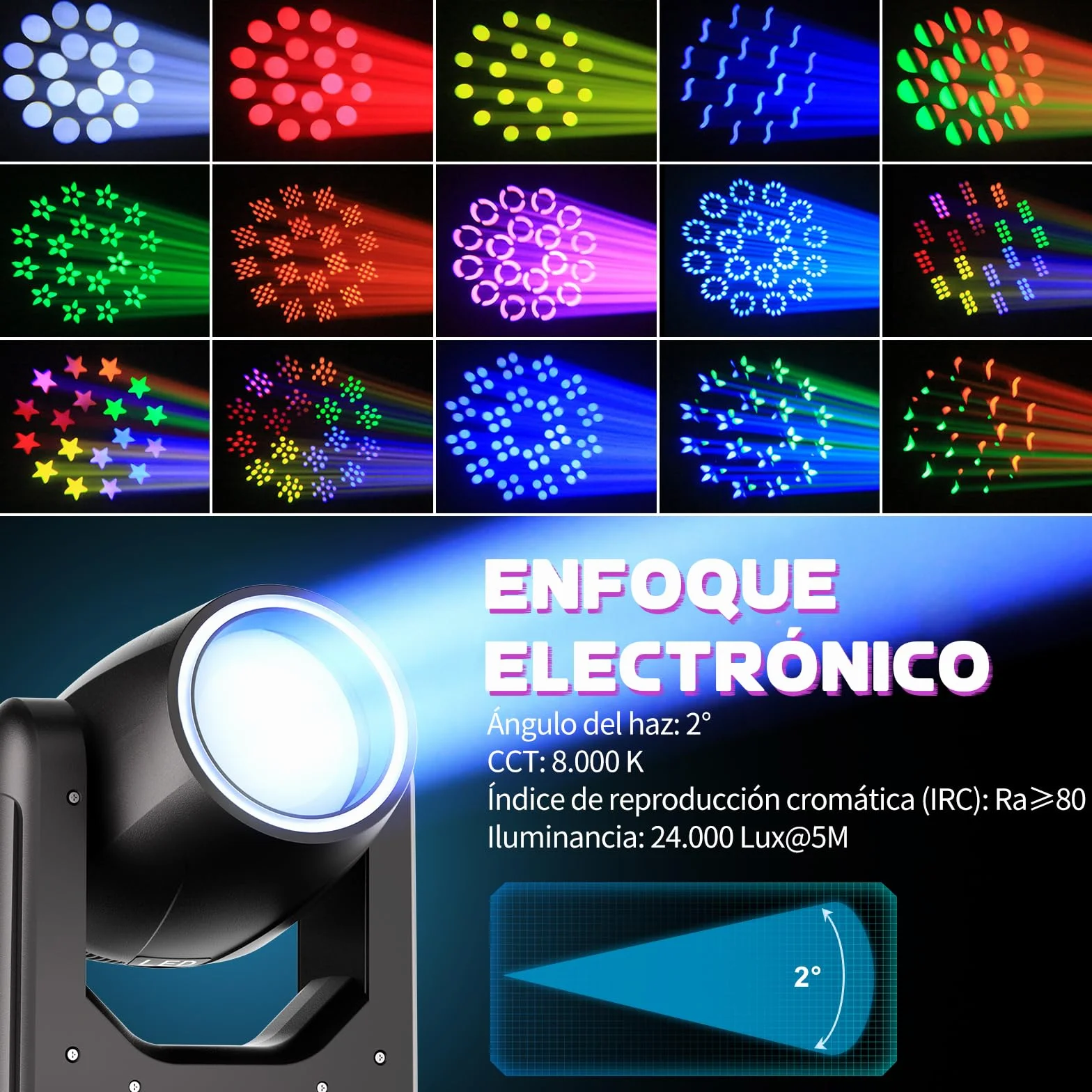 4 piezas Cabeza Móvil LED 200W Beam Iluminación de Escenario 7+1 Colores12 Gobos con tira de luz 18 Prisma Foco Luces de Fiesta DMX512 para Fiesta Cumpleaños Bar Discoteca