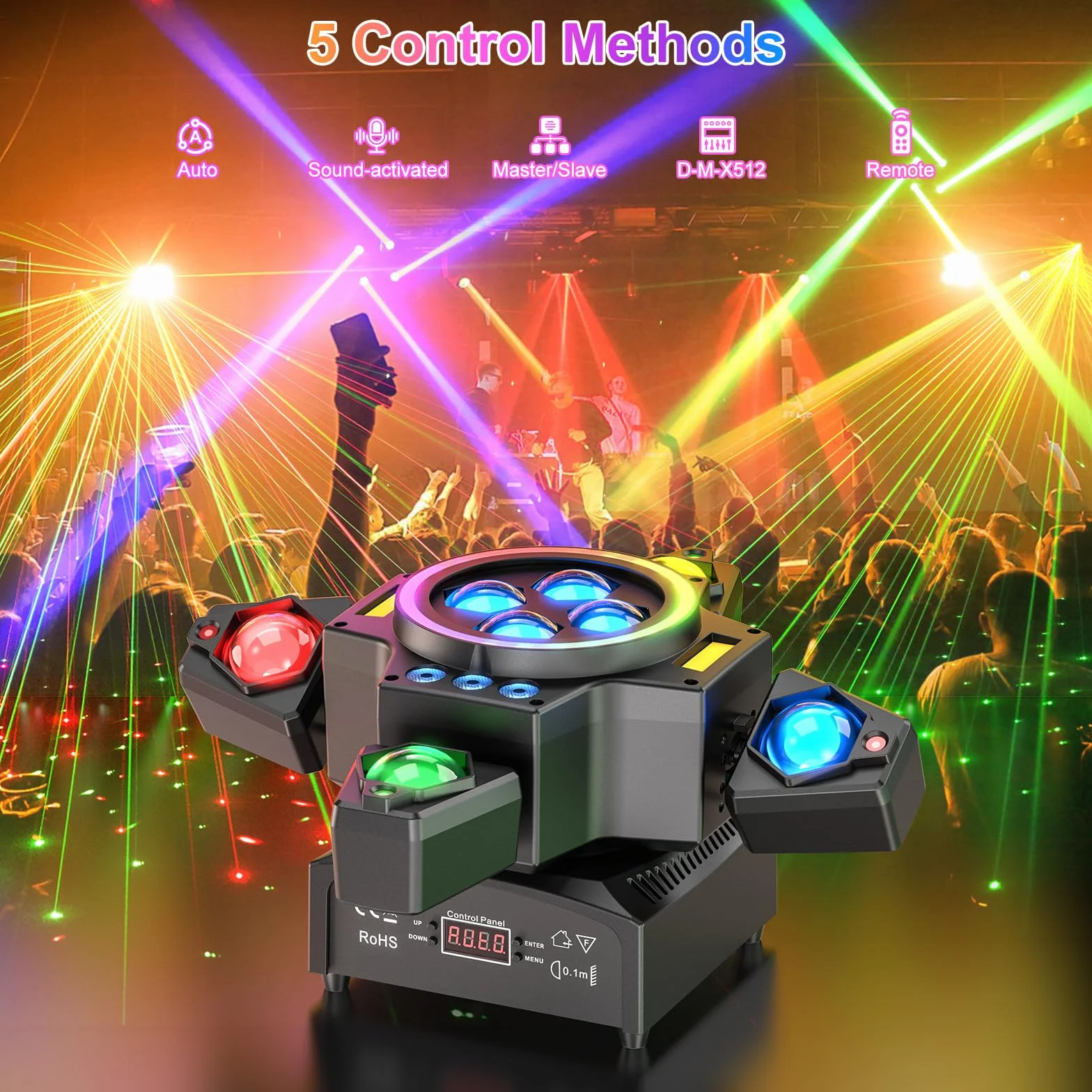 150W Cabeza Móvil Beam Luces de Escenario, LED RGBW Foco Wash con Control Remoto Luz Estroboscópica Dorada DMX512 Luz de Discoteca para Bar Halloween DJ Bodas
