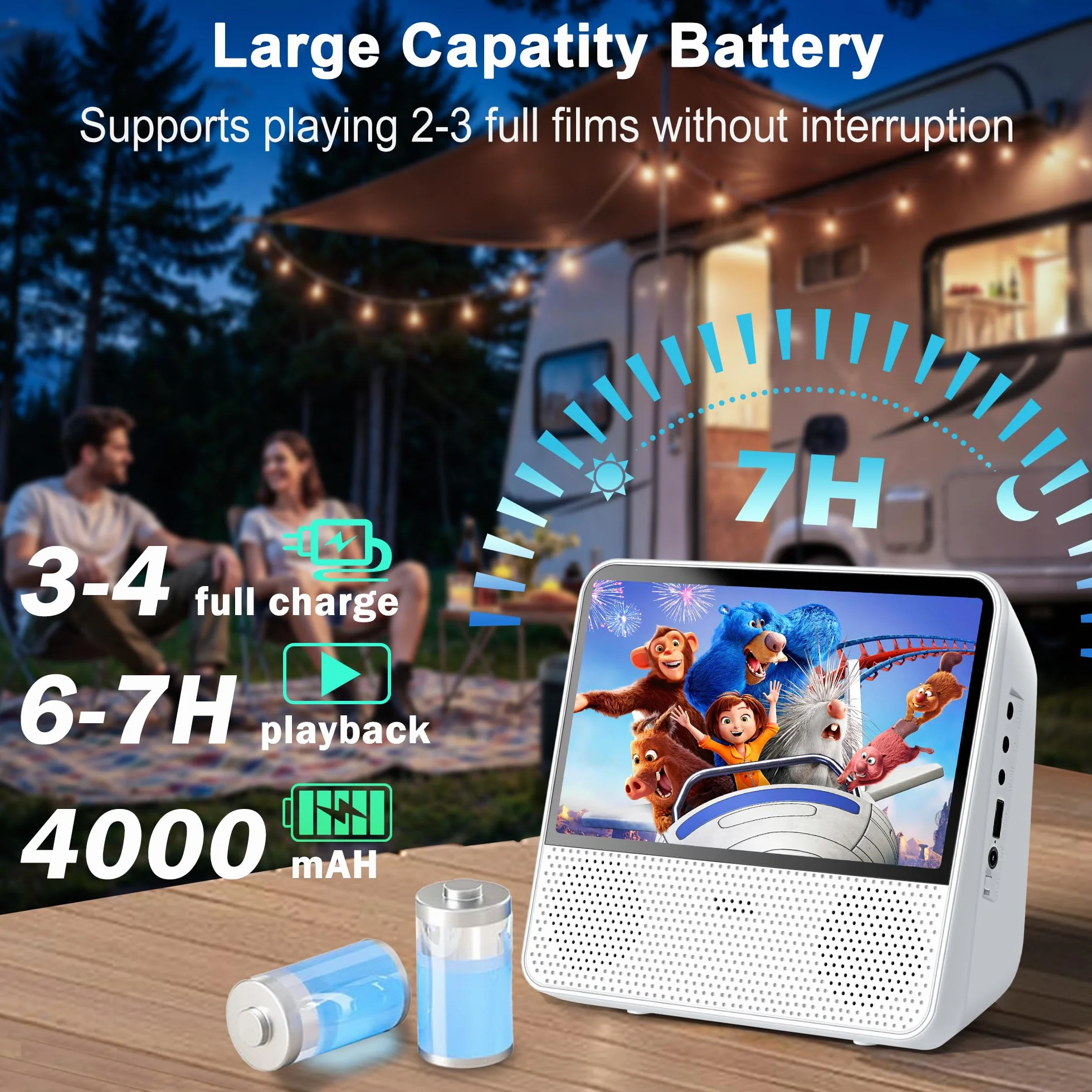 Reproductor DVD Portátil Bluetooth 4000mAh Recargable Región Libre para Coche con Altavoces Dobles Compatible CD USB