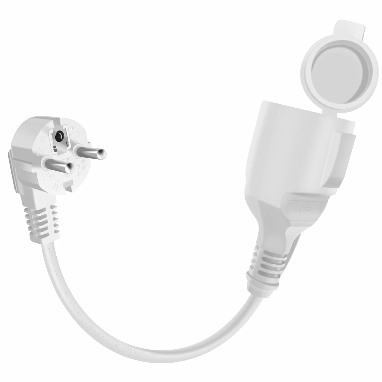 Cable Extensión Schuko 90 Grados 16A 250V IP44 Alargador Macho Hembra 0.5m Blanco
