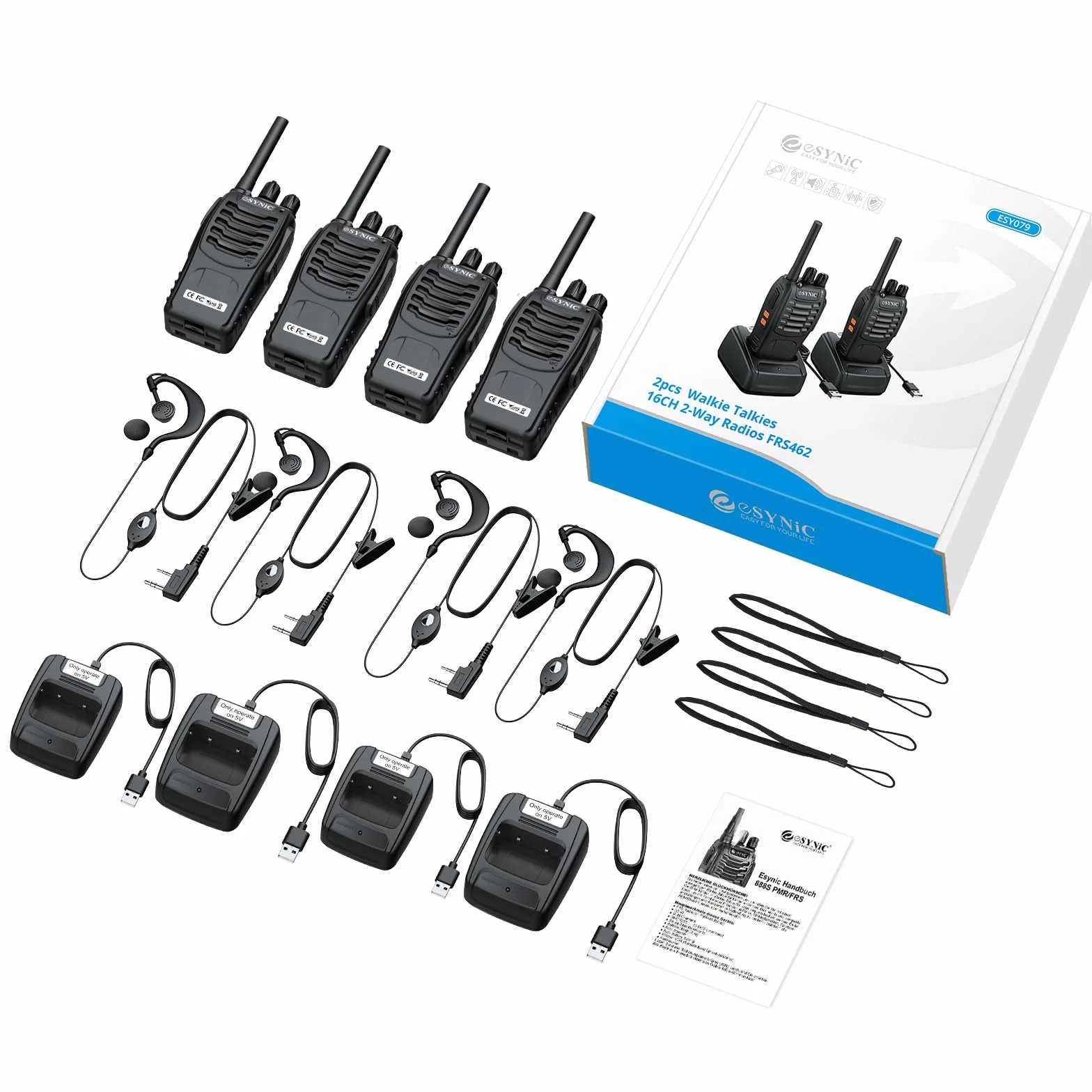 eSynic 4PCS Walkie Talkies de Larga Distancia con Auriculares Walkie-Talkie Profesional 16 Canales 1500mAh con Cargador USB Soporta VOX para Sobrevivir en el Campo Ciclisimo