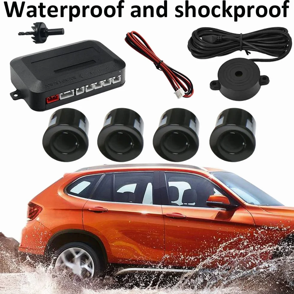 Kit de Sensor de Aparcamiento Coche 4 Sensores de Aparcamiento Sistema Radar Inverso Traseros Sensores de Estacionamiento Marcha Atrás Alarma de Sonido Negro