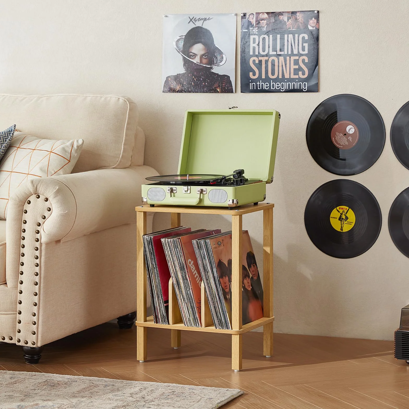 LELELINKY Soporte giradiscos de bambú de 2 Niveles con Estuche para Discos de Vinilo de hasta 100 álbumes, Mesa de Centro Multifuncional para el salón,Madera Natural