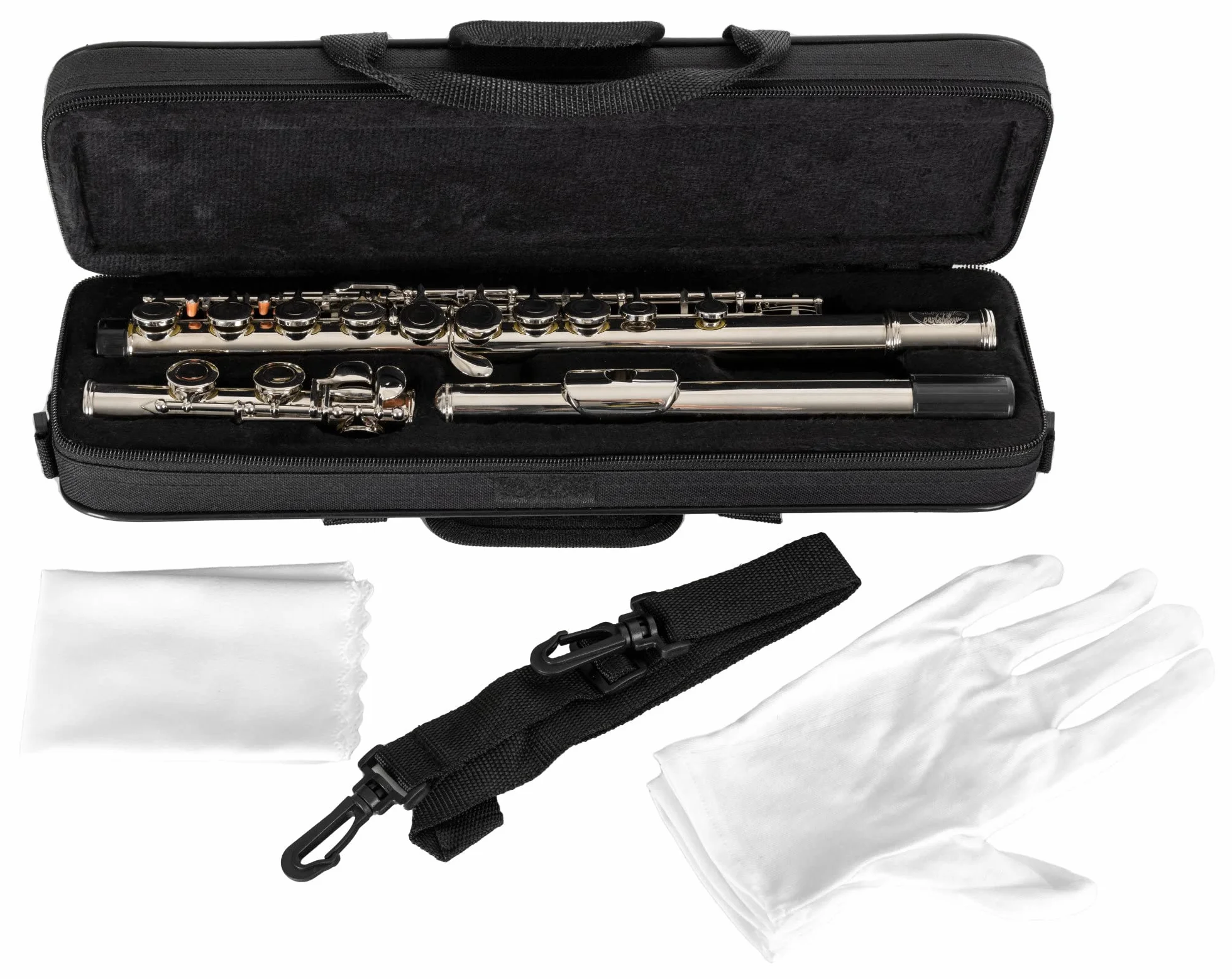 Flauta Traversa Classic Cantabile FL-100, ideal para principiantes, alpaca niquelada, llaves cerradas, mecanismo en E, sol adelantado, afinación en C, incluye estuche y accesorios, color plateado.