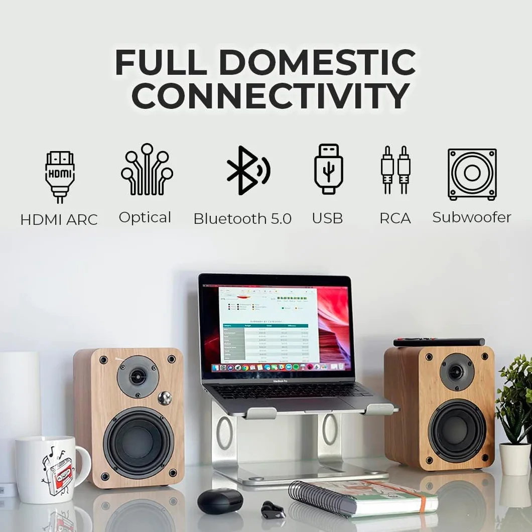 VULKKANO A4 ARC Altavoces Autoamplificados con Woofer de 4", Bluetooth 5.0, HDMI ARC, Optica, RCA, USB, con Salida Subwoofer, Monitores de Estudio con Diseño Elegante, Color Marron