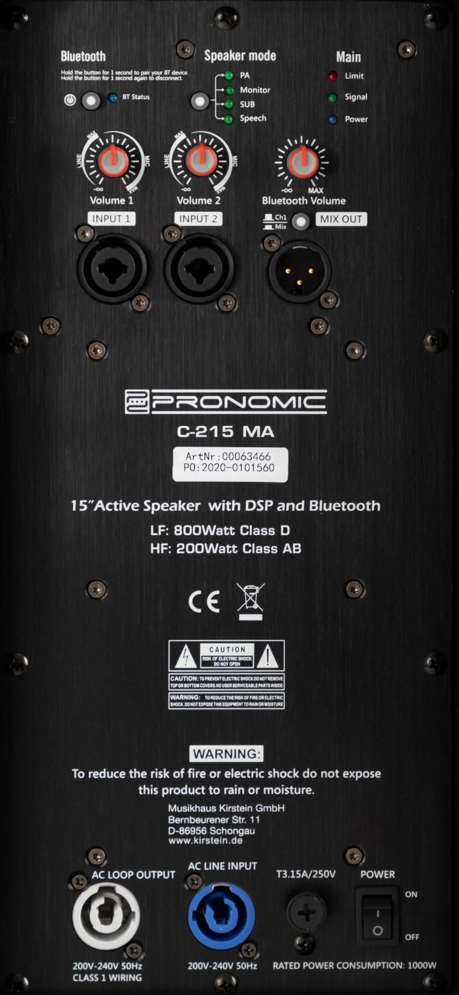 Pronomic C-215 MA - Altavoz Activo de 2 vías con 2 Canales - Potencia: 1000 vatios - Woofer de 15" + Tweeter de Titanio de 1,75" - Receptor Bluetooth - Carcasa con inclinación para el Monitor