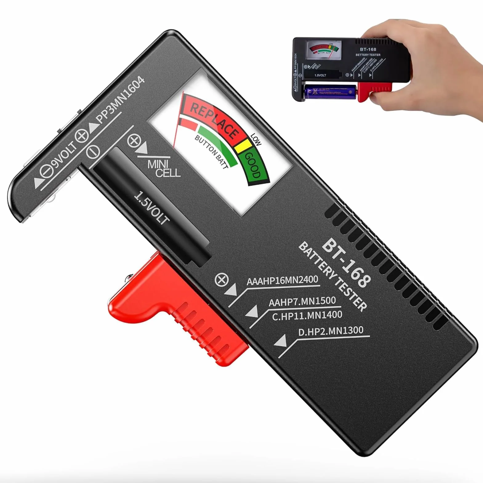 Comprobador de Pilas,Probador de la Batería,Probador Universal de Batería para pilas AA AAA C D 9V 1.5V y Célula del Botón (Negro)