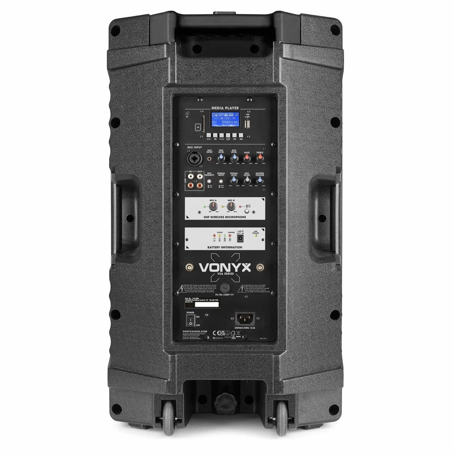 Vonyx VSA500-BP – Altavoz Bluetooth Grande Potente 12" 800W con micrófono inalámbrico de Mano y petaca UHF con micrófono de Diadema y Solapa, batería Recargable, USB, SD, Radio FM – Color Negro