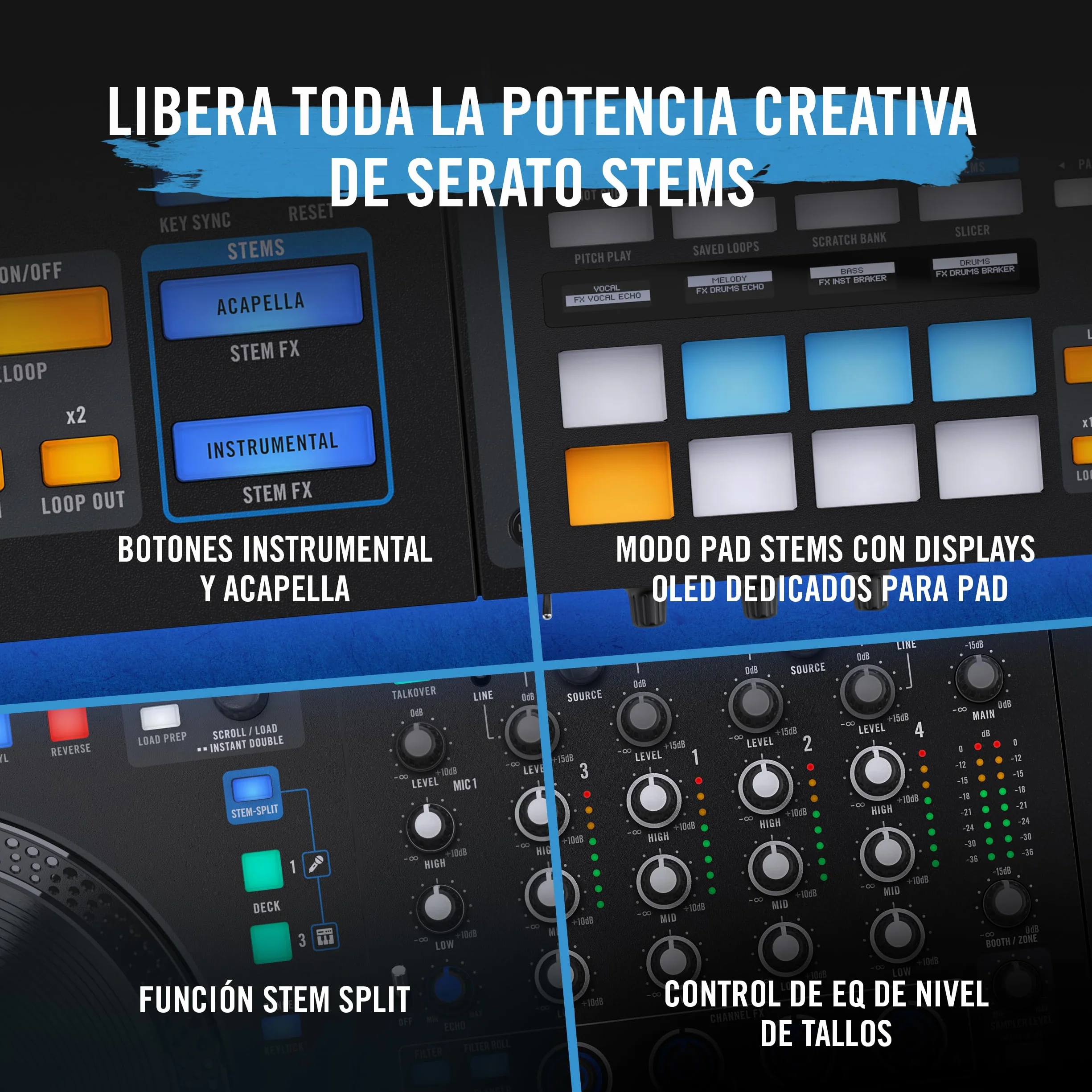 RANE FOUR Controlador DJ Stems Avanzado, 4 Canales, Jog Wheels de 8.5 Pugadas + Displays, Mezclador DJ con FX Internos, Serato DJ Pro + Pitch 'n Time DJ