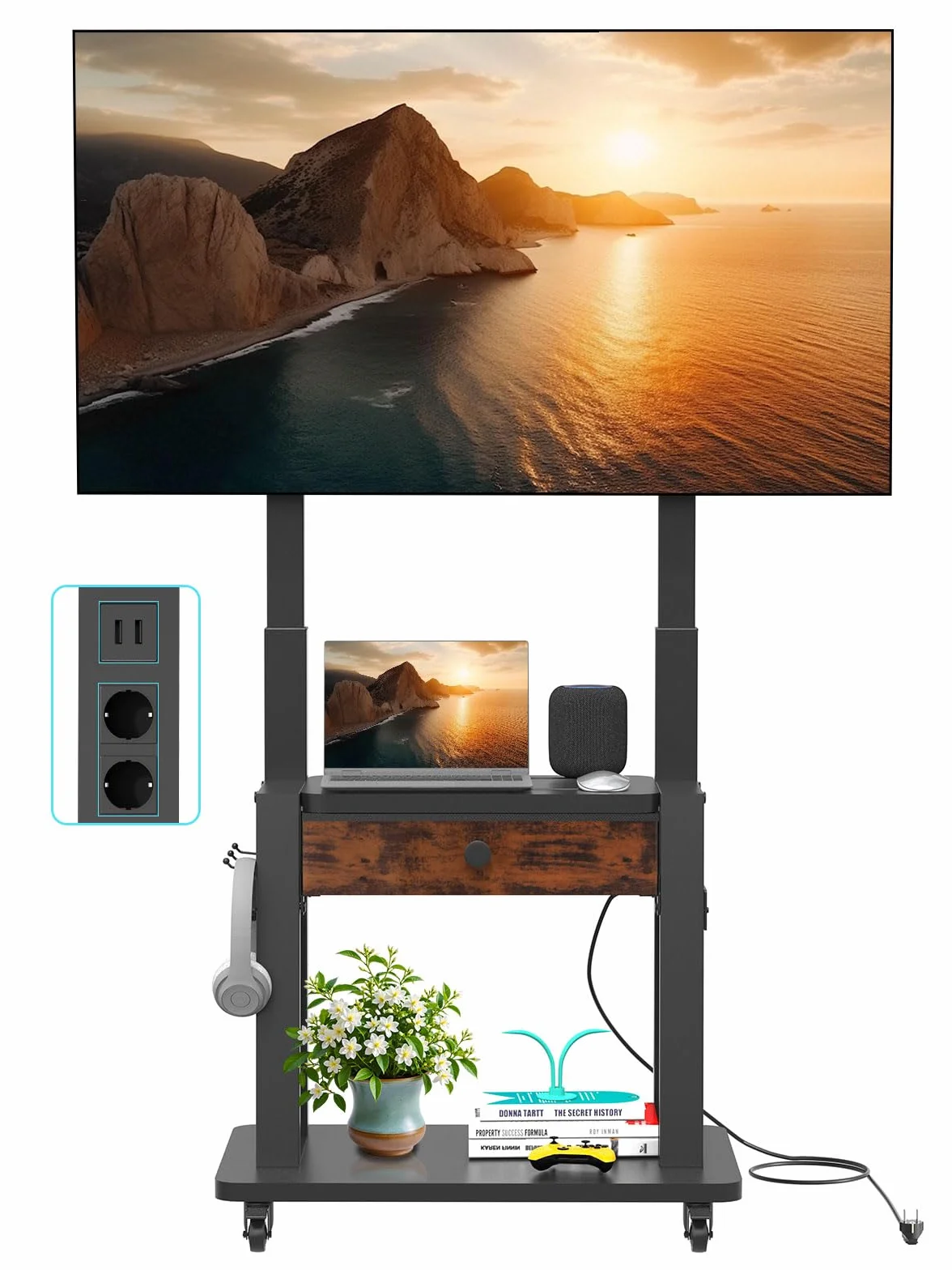 Soporte de TV rodante con toma de corriente y cajón de tela para visualización plana/curvada de 32-75 pulgadas de hasta 200 libras, LCD/LED/OLED, altura ajustable, carrito de TV móvil con ruedas, para