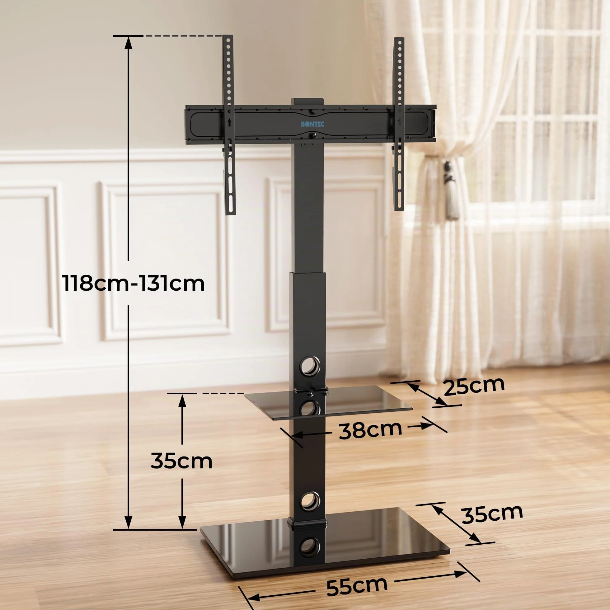 BONTEC Soporte TV Pie Universal 30-70 Pulgadas de Plasma LED OLED LCD, Ajustable en Altura, Soporte TV Suelo con Estantes de Vidrio Templado de 2 Niveles, hasta 40 Kg, VESA MÁX. 600x400 mm