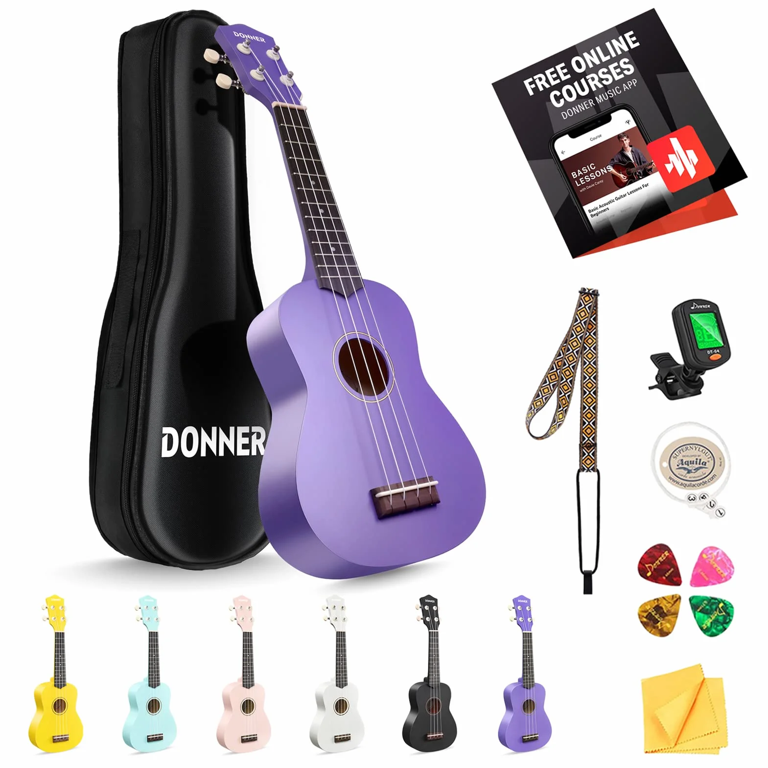 Donner Ukelele Soprano para Principiantes Adultos Niño Ukelele con Bolsa Correa Sintonizador de Cuerda paño de Recogida, DMU-01 21 Pulgadas mate Ukalalee Bundle Kit Macaron Series-Morado