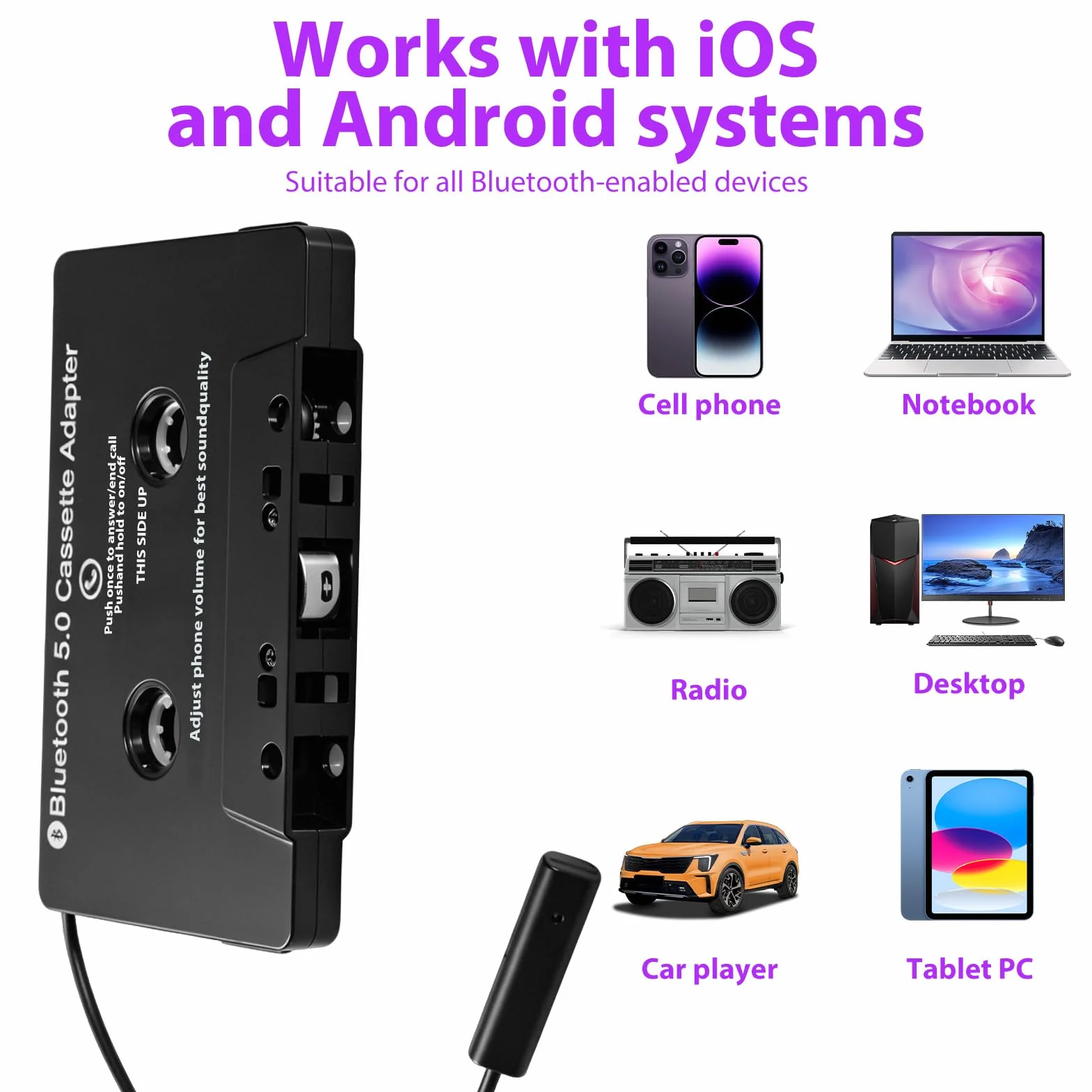 Cassette Bluetooth Coche 5.0 Adaptador de Audio Inalámbrico con Manos Libres Incorporado para Llamadas Claras Compatible con Smartphone Reproductor MP3 y Radio de Coche Clásico Negro