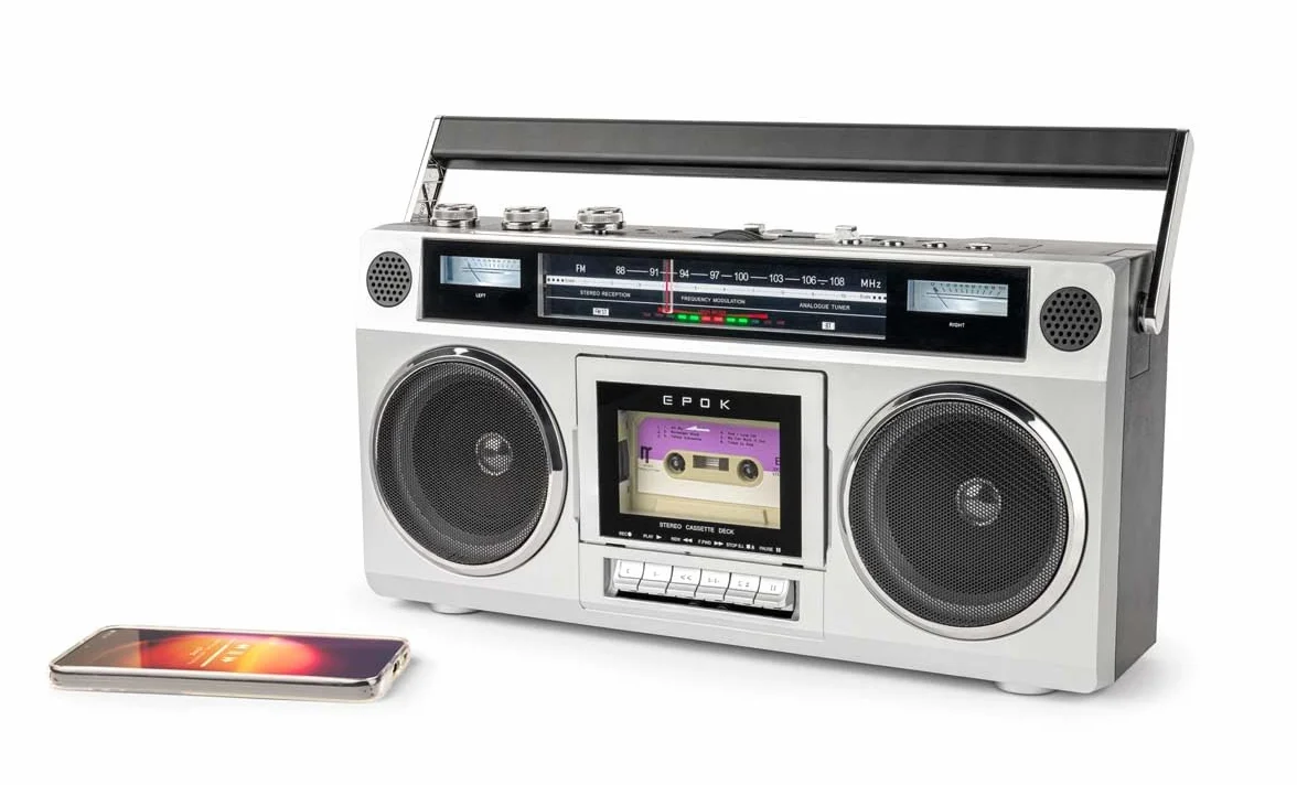 BigBen BTBLASTER - Boombox Retro 80's | Reproductor/Grabador de Casetes | Ajuste agudos y graves | Bluetooth 5.3, USB-MP3 y AUX-In | Radio FM, Antena Telescópica | Potencia 15W | Adaptador CA incluido