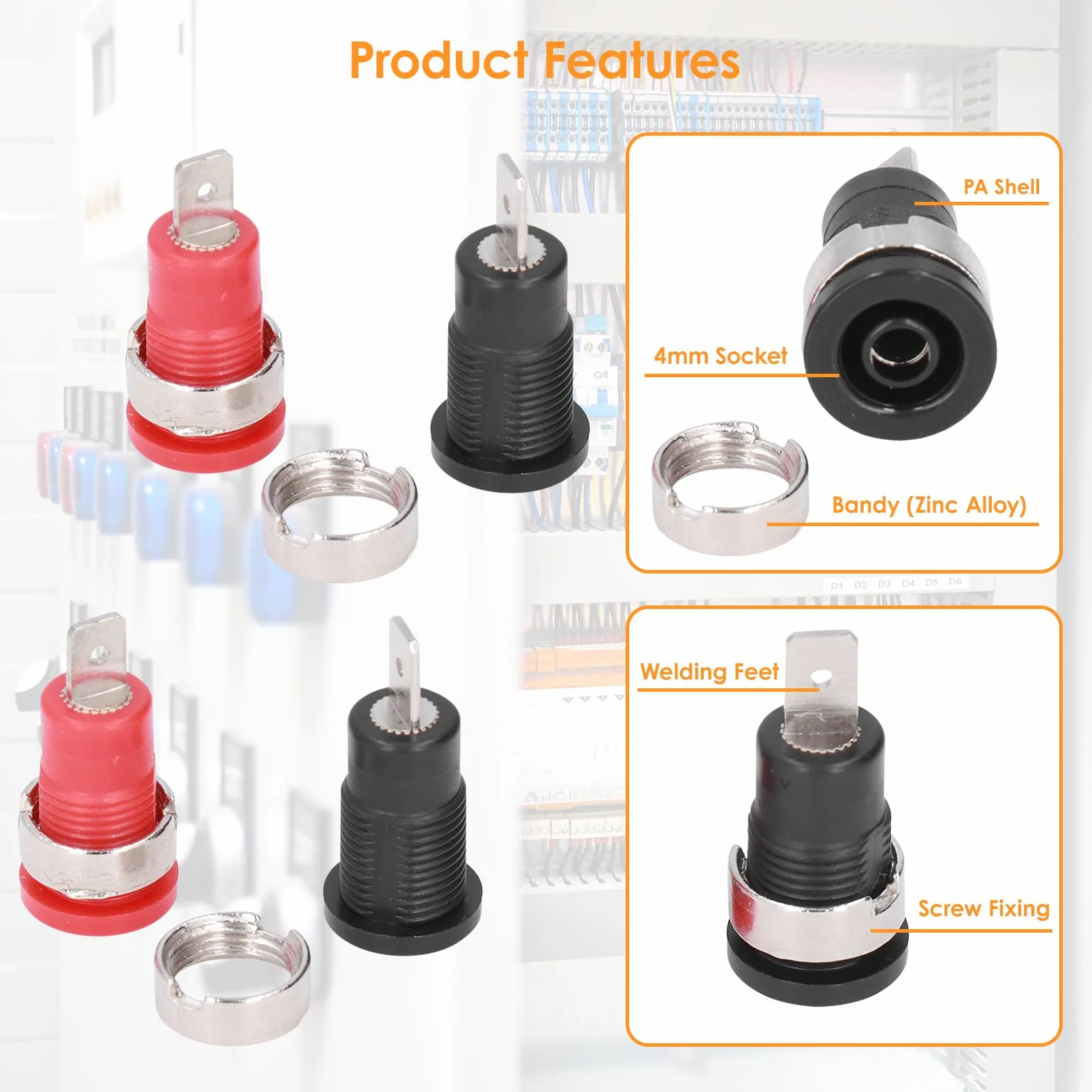 Conector Tipo Banana 4 mm, Terminales de Retorno Seguro, Rojo y Negro, Cobre Puro, Agujero de Montaje 12 mm, Tierra Desmontable