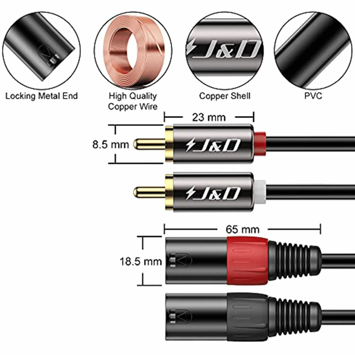 J&D Cable 2 RCA a XLR Macho Desequilibrado 4,5 Metros Interconexión Audio