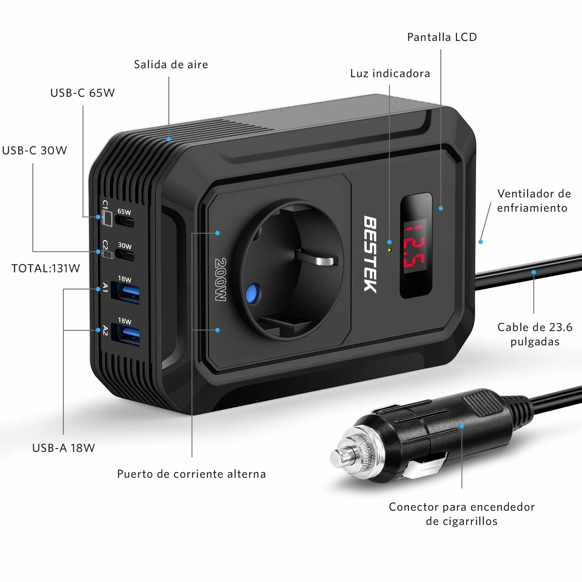 BESTEK Inversor 12v 220v Onda Pura 200W,Transformador 12V a 220V Convertidor Onda con 2 AC Tomas Y 2 USB-C (65 W y 30 W) 2 USB-QC (18 W) sinusoidal con Protección para Barco,Caravana,Coche（Negro）