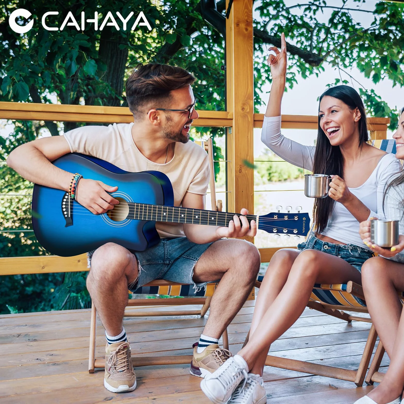 CAHAYA Guitarra Acústica De Tamaño Completo De 38 Pulgadas con Cuerdas De Repuesto, Estuche, Correa, Púas, Cejuela, Pegatinas, Azul, CY0354