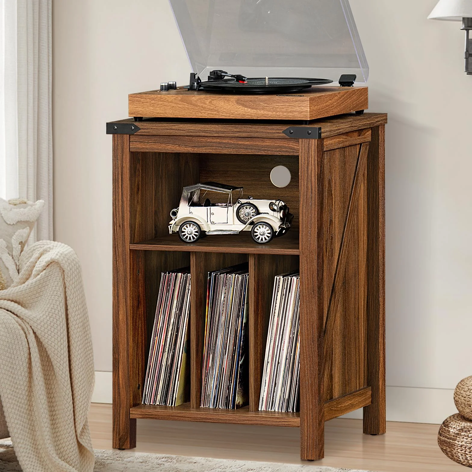 Soporte Giratorio con Soporte de Discos de Vinilo, Mesa giratoria marrón Que sostiene hasta 160 álbumes, Gran Soporte de Tocadiscos de Madera para salón, Dormitorio, Oficina