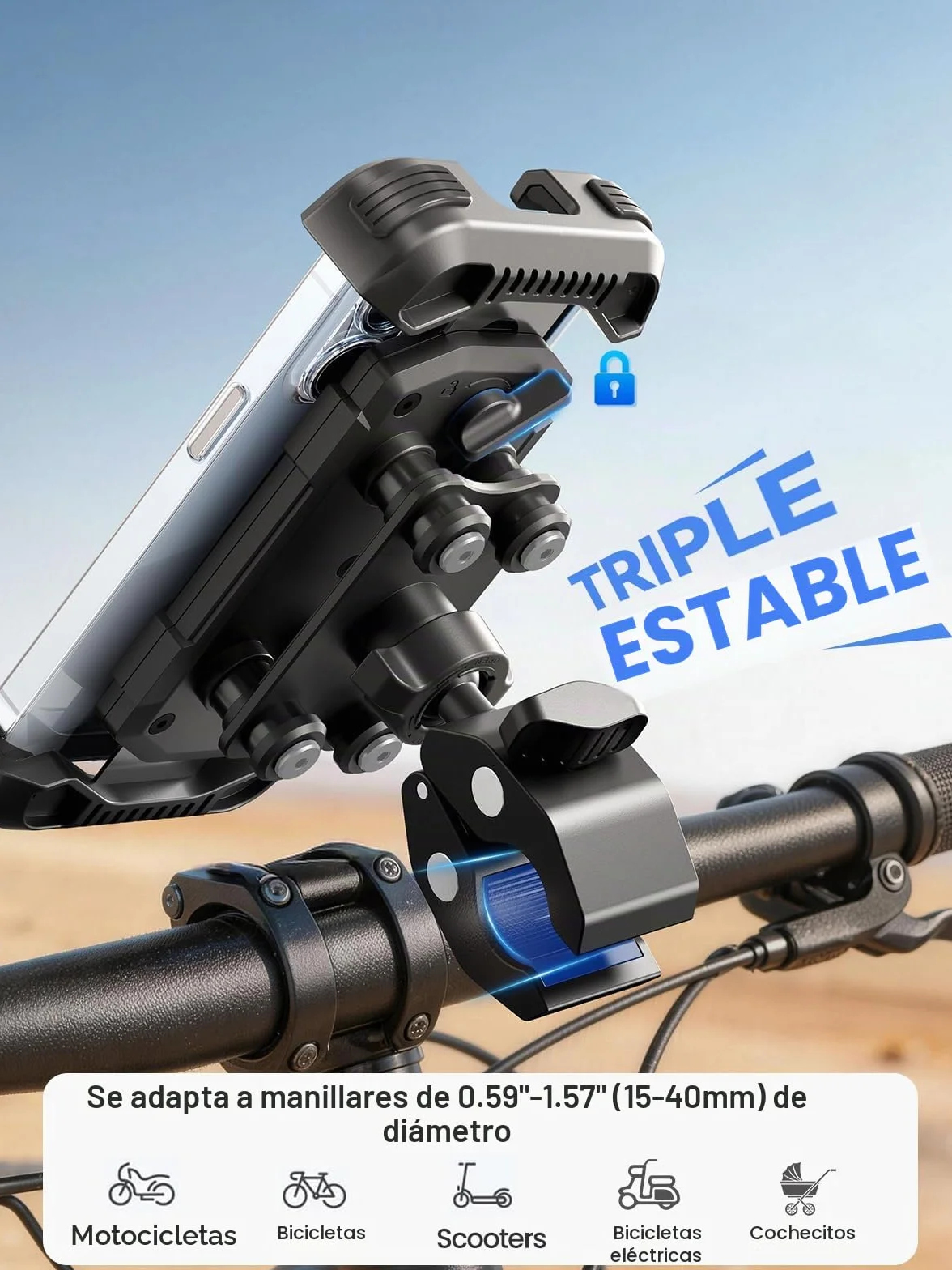 tounee Soporte para teléfono de Motocicleta Doble Amortiguador de Vibraciones Clip de Manillar sin Herramientas Cierre Seguro para iPhone 16/15 Pro MAX 4.7-6.7" Negro