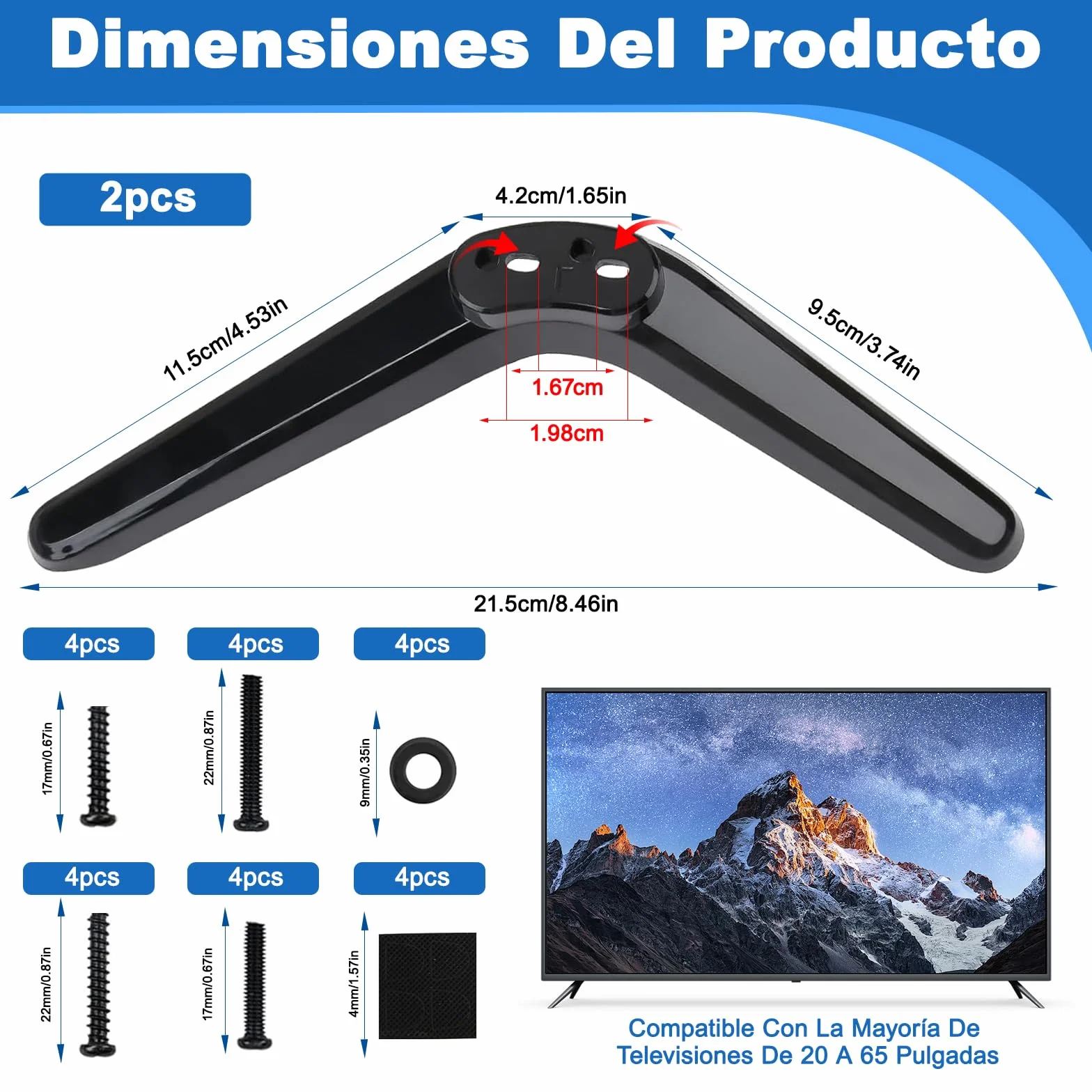 Soporte Universal para TV de 20-65 Pulgadas con Base Antideslizante – Pie de Mesa Ajustable en Altura para Televisiones LCD/LED/Curved, Material ABS y 16 Tornillos Incluidos (Pack de 2, Negro)