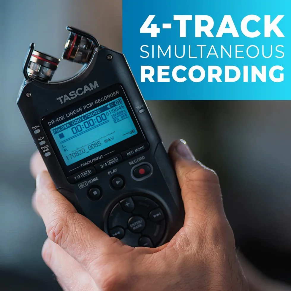 TASCAM DR-40X - Grabadora portátil de campo de 4 pistas, 2 entradas XLR/TRS, interfaz de audio USB, micrófonos ajustables dobles para grabación estéreo/multipista de música, audio para video y