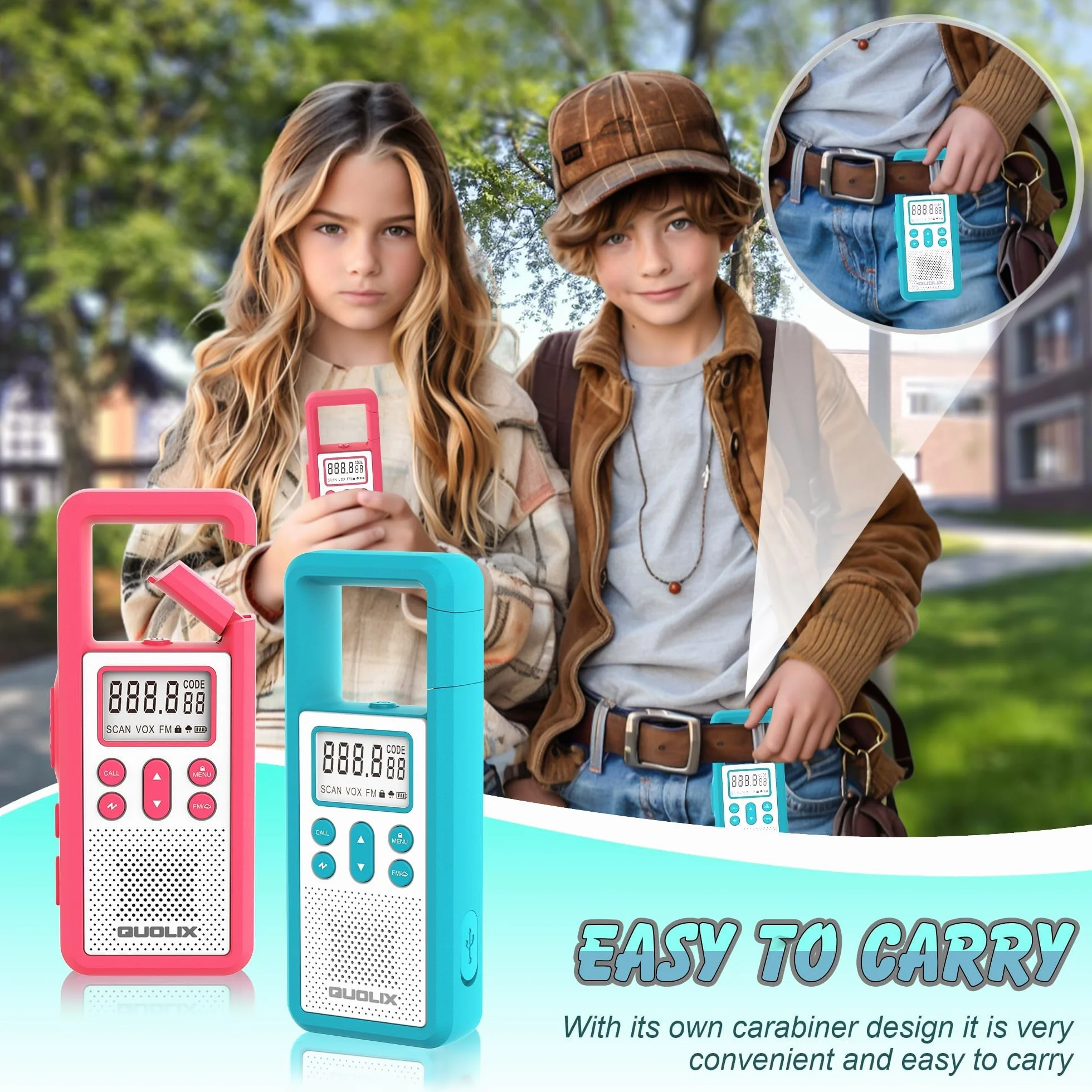Walkie Talkie Largo Alcance, QUOLIX 4pcs Profesional USB Recargable con Batería Incorporada 8 Canales Radio - Fácil Emparejamiento Alerta SOS Activado por Voz VOX LED Linternas para Adultos Niños