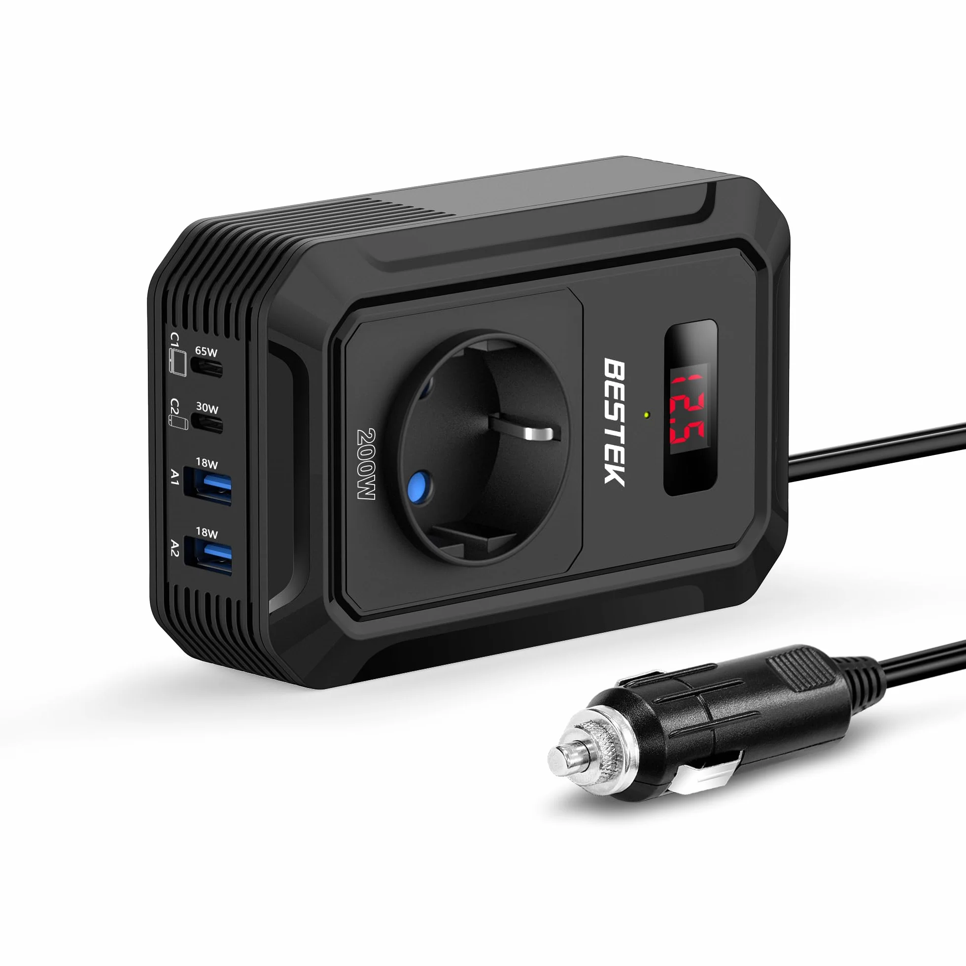 BESTEK Inversor 12v 220v Onda Pura 200W,Transformador 12V a 220V Convertidor Onda con 2 AC Tomas Y 2 USB-C (65 W y 30 W) 2 USB-QC (18 W) sinusoidal con Protección para Barco,Caravana,Coche（Negro）