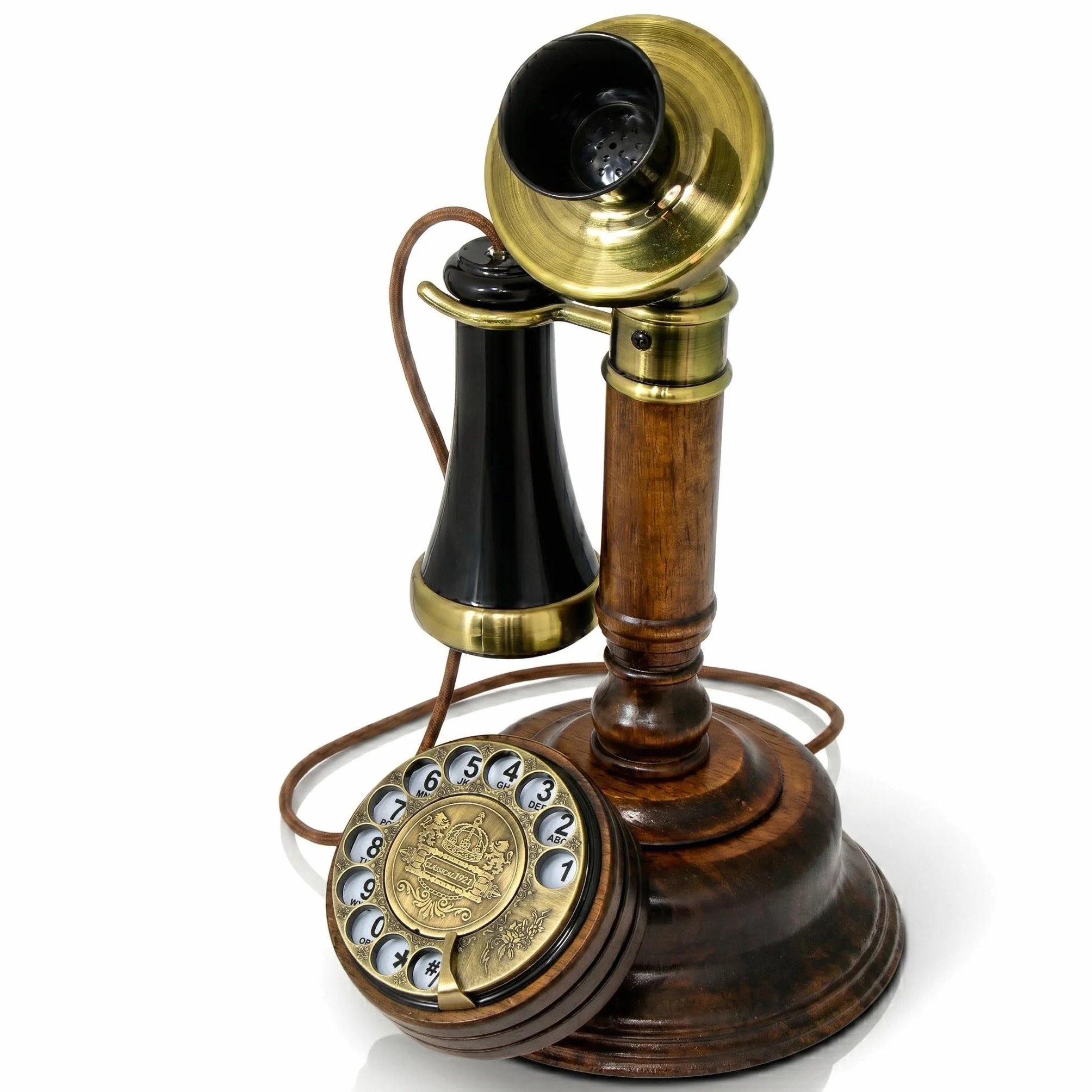 Teléfono Candelabro Vintage de Madera Opis Technology 1921 Cable Modelo C con Dial Giratorio