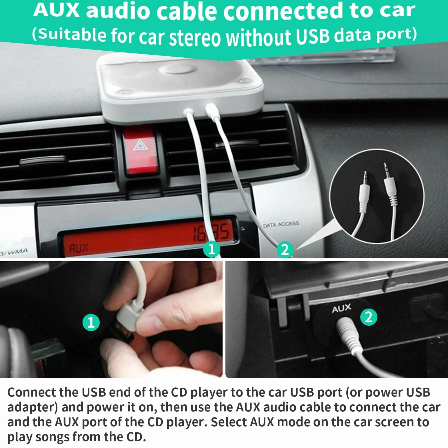 Reproductor de CD portátil para coche USB AUX externo blanco con mando a distancia