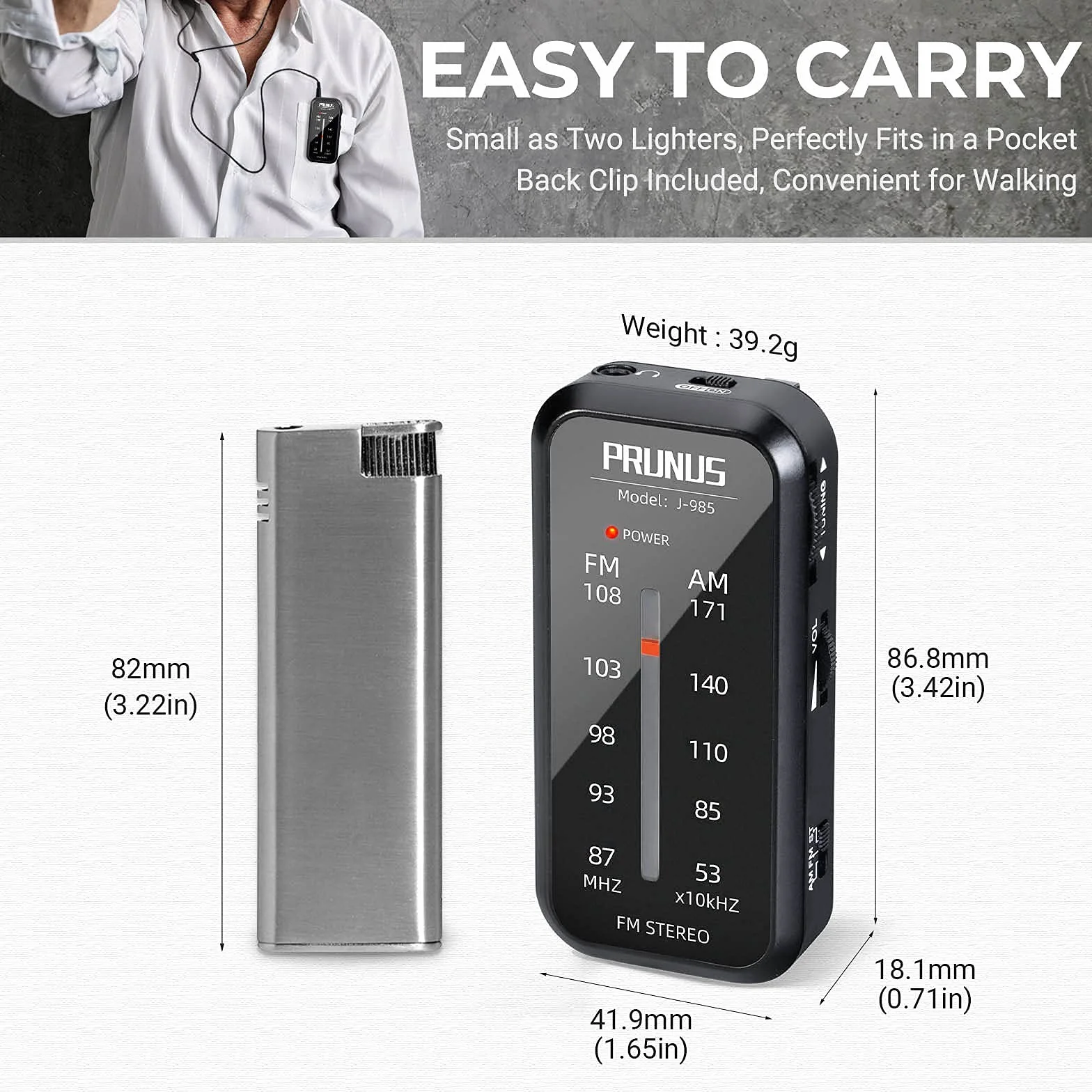 PRUNUS J-985 Transistores Radio Bolsillo FM/Am, Radio Portatil Pequeña con Auriculares (Estéreo en Modo de FM-ST), Radio Pilas Pequeña Funciona con 2 Pilas AAA, Clip Trasero, para caminar y Viajar.