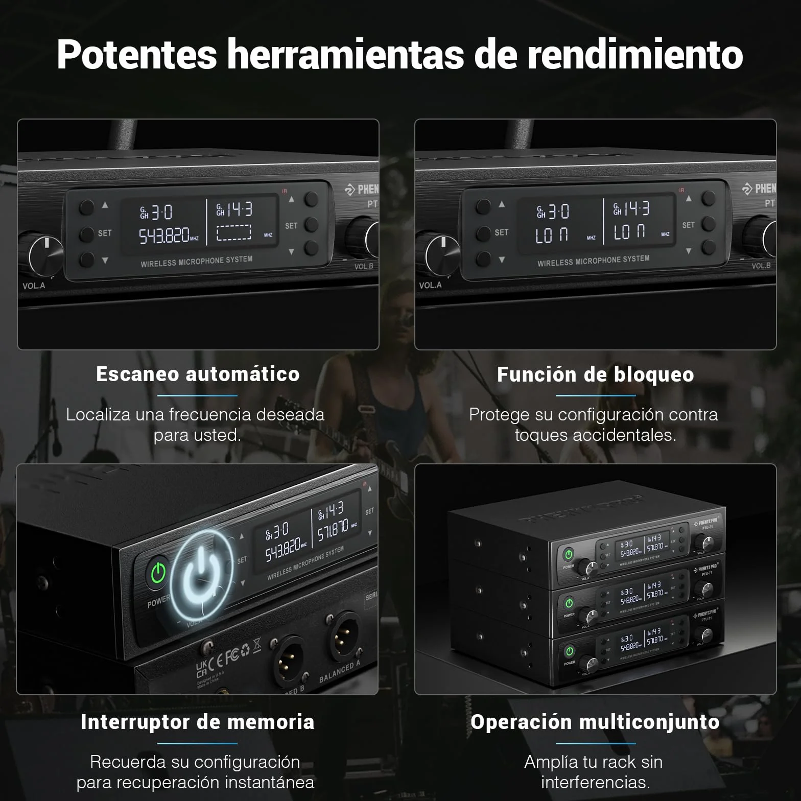 Phenyx Pro Sistema de micrófono inalámbrico profesional, w / 2 de mano, Exploración automática, 2x100 frecuencias UHF, 328 pies de alcance, micrófono dinámico para cantar, karaoke, Iglesia (PTU-71-2H)