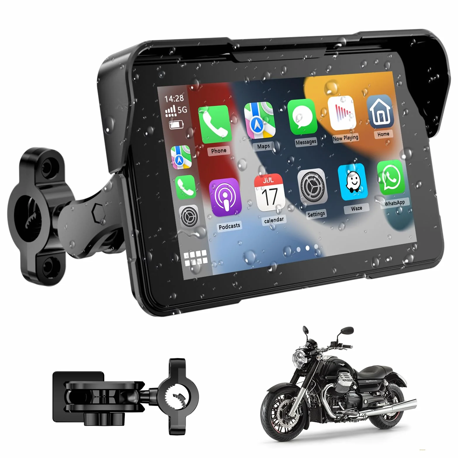 Pantalla Moto Carplay, Inalámbrico CarPlay y Android Auto, 5" Impermeable Táctil GPS Moto con Bluetooth, Navegador, Siri/Google Asistente, Soporte Magnético - Fácil de Instalar y Desmontar