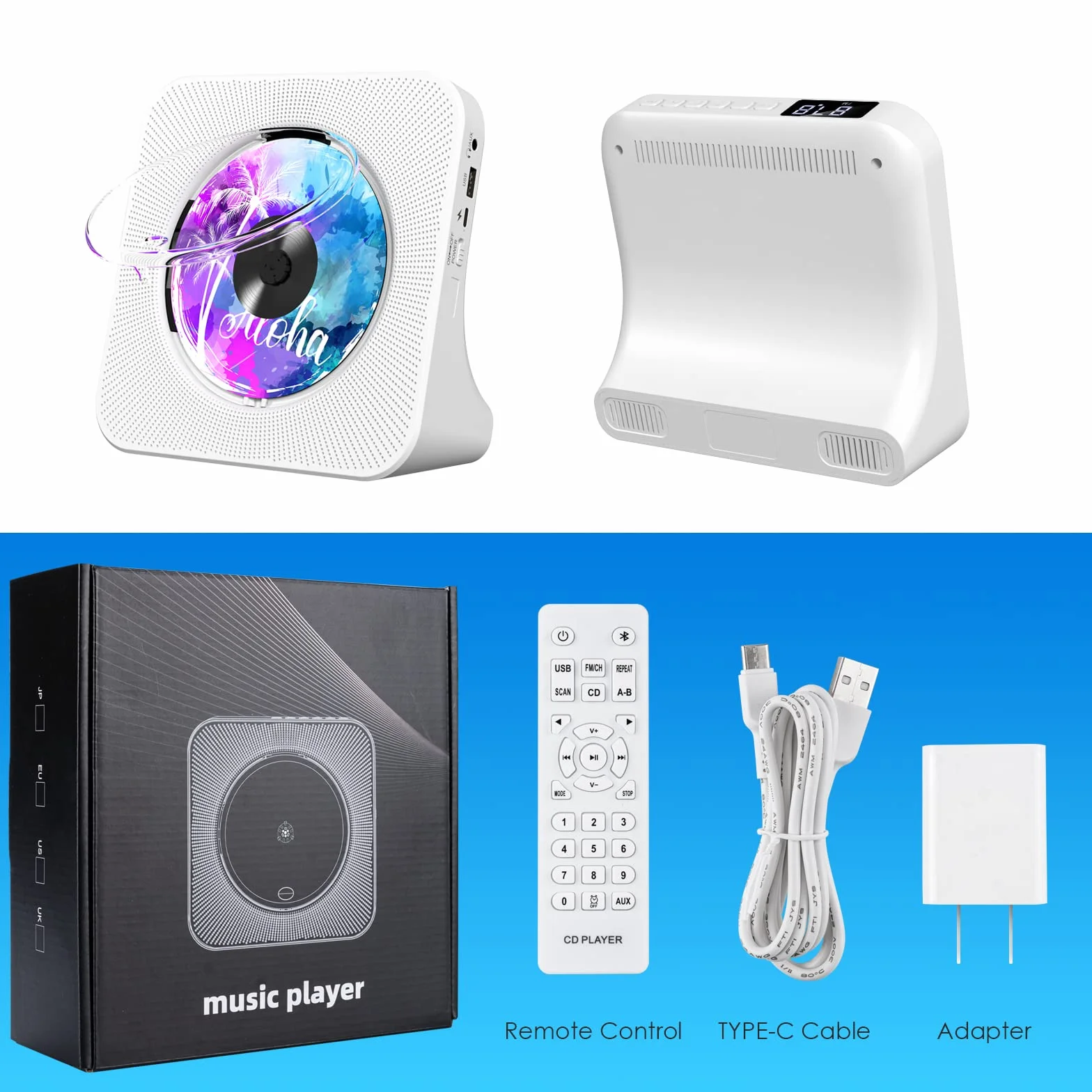 Gueray Reproductor de CD Portátil Bluetooth Montaje en Pared Altavoces HiFi Dobles Radio FM (Blanco)