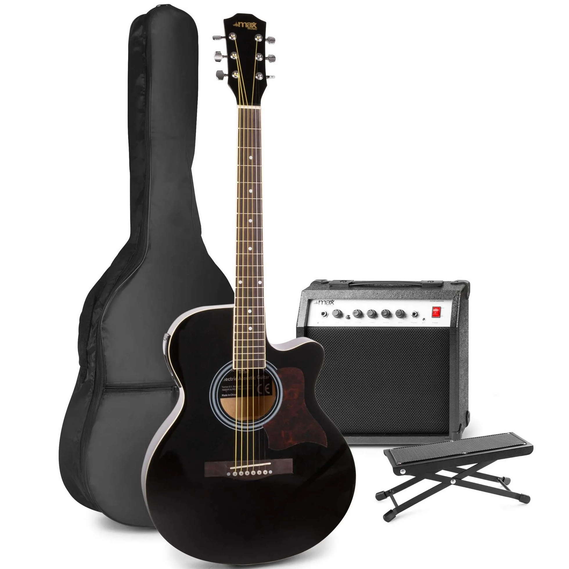 MAX Guitarra Electroacústica Negra con Amplificador 40W – Set Completo con Reposapiés, Funda, Afinador, Púas, Correa, Cable y Cuerdas – Para Principiantes y Avanzados desde 8 Años
