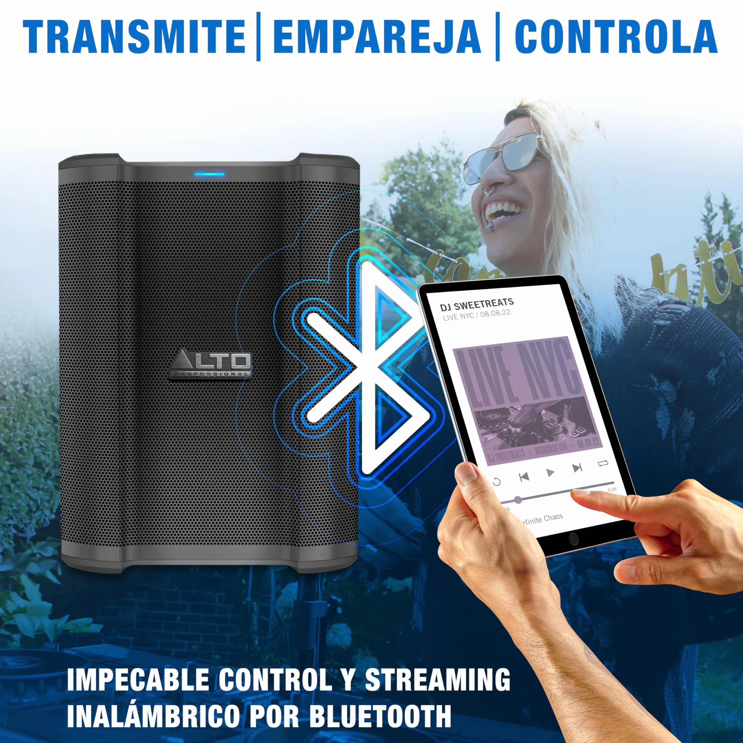 Alto Busker Altavoz Autoamplificado Portátil Grande de 200W con Bluetooth, Batería Recargable, Mesa de Mezclas 3 Canales, Alesis FX, App, Carga USB