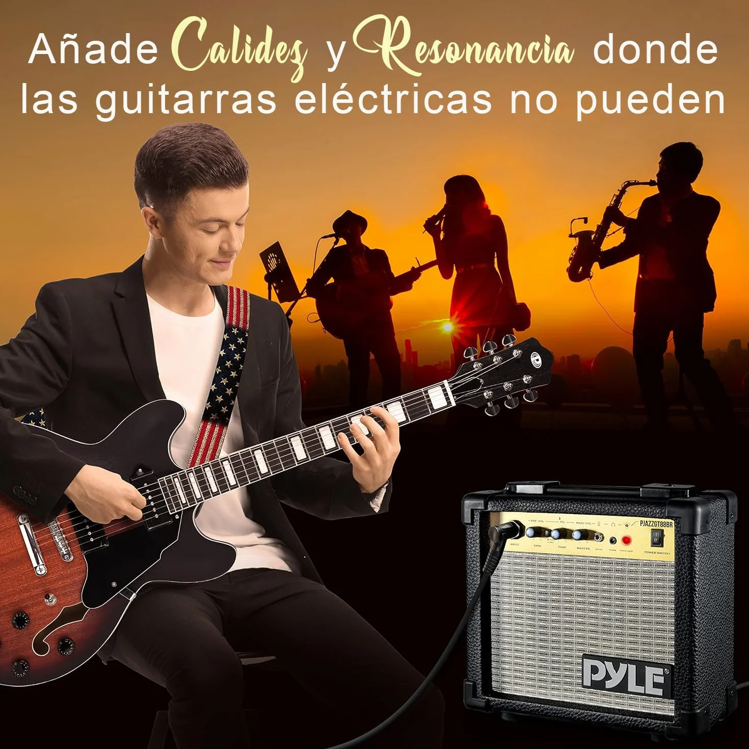 Pyle kit de guitarra electrica de cuerpo semihueco, Tamaño completo, 41.8”, Set de instrumentos de jazz con funda, Acabado mate y Sunburst