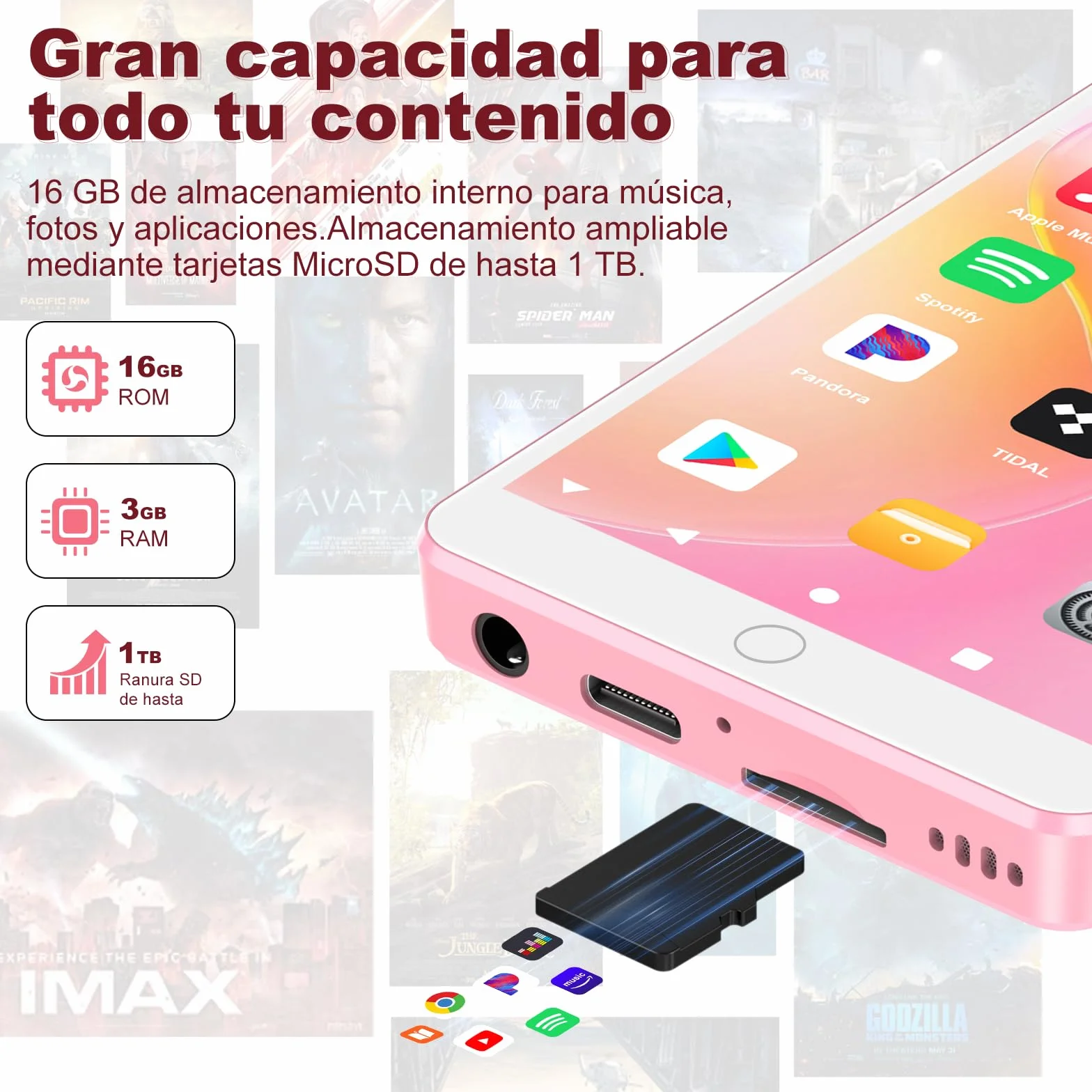 Reproductor MP3 Spotify con Bluetooth y WiFi, Reproductor MP4 Android para niños, Pantalla táctil de 4,02 Pulgadas con Audible,Amazon Music, Deezer, Play Store(Pink16GB)