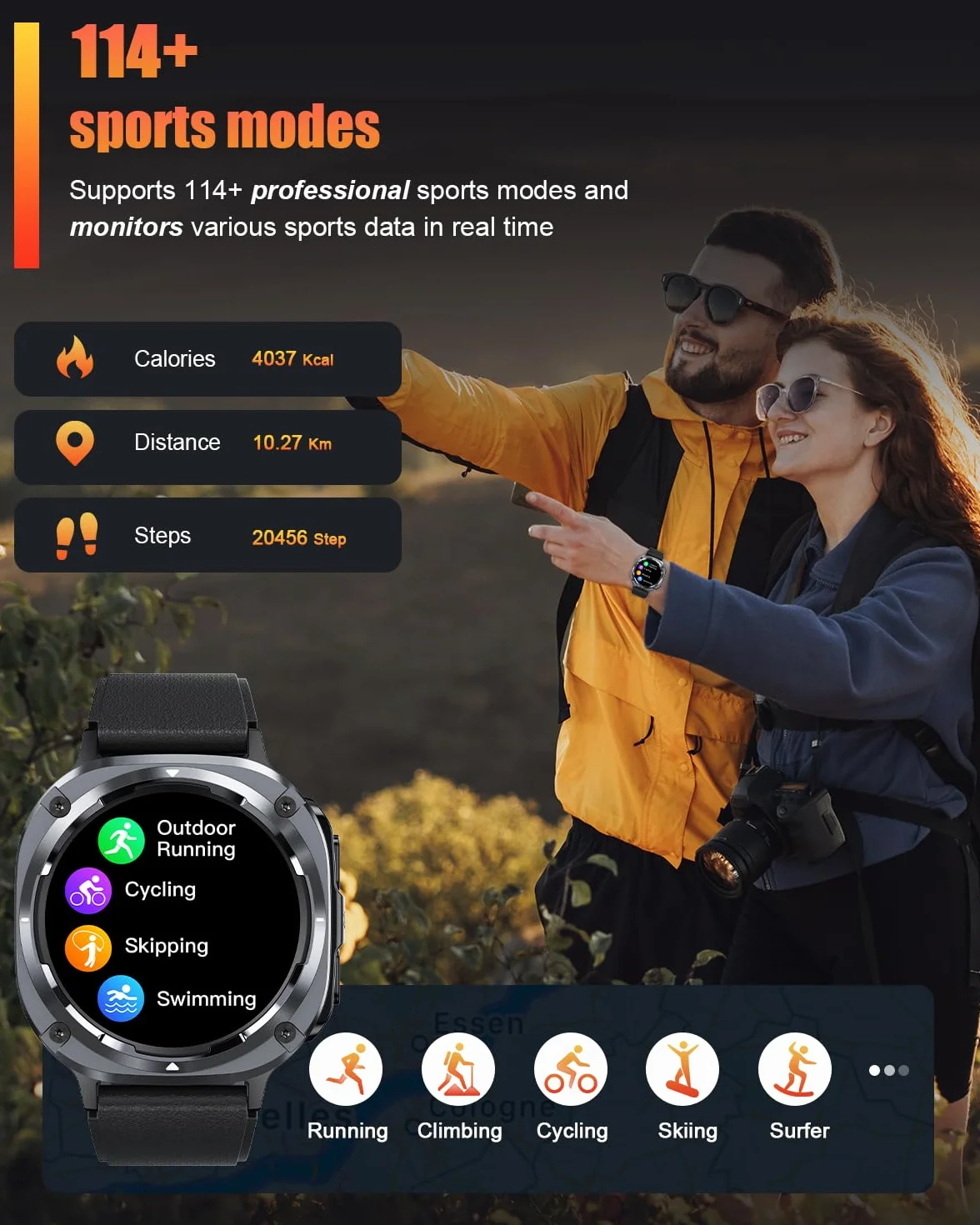 Reloj Inteligente Hombre Militar, 1.45" HD Smartwatch Hombre con Llamadas BT 5.4, 114+ Modos Deportivos, Monitor de Sueño/Podómetro/Pulsómetro, IP68 Impermeable Pulsera Actividad para Android iOS