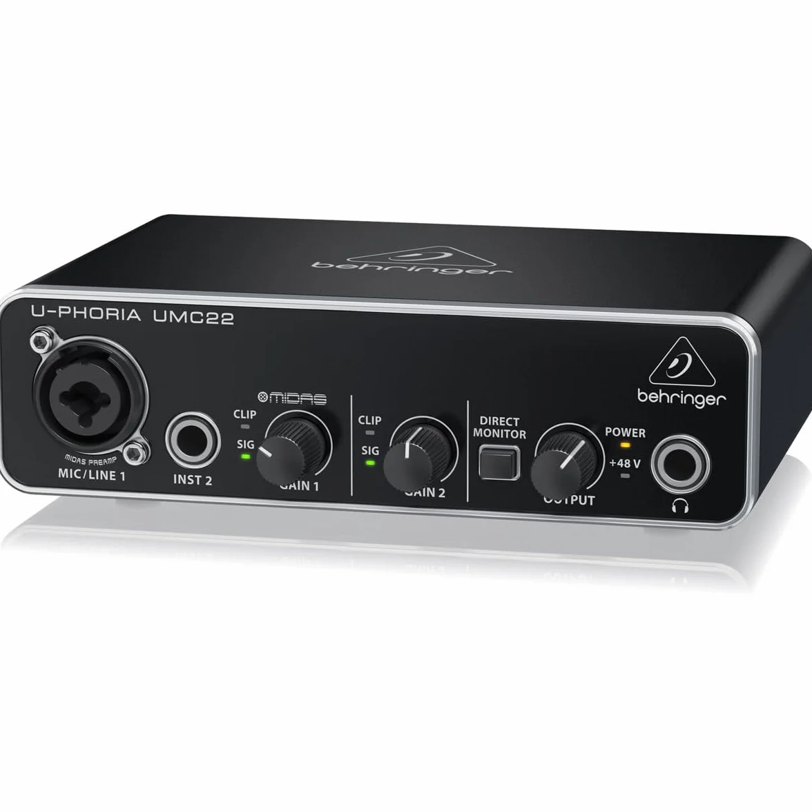 Behringer UMC22 2x2 USB Audio Interface, 48 kHz, with MIDAS-Designed Mic Preamplifier for Microphones and Instruments