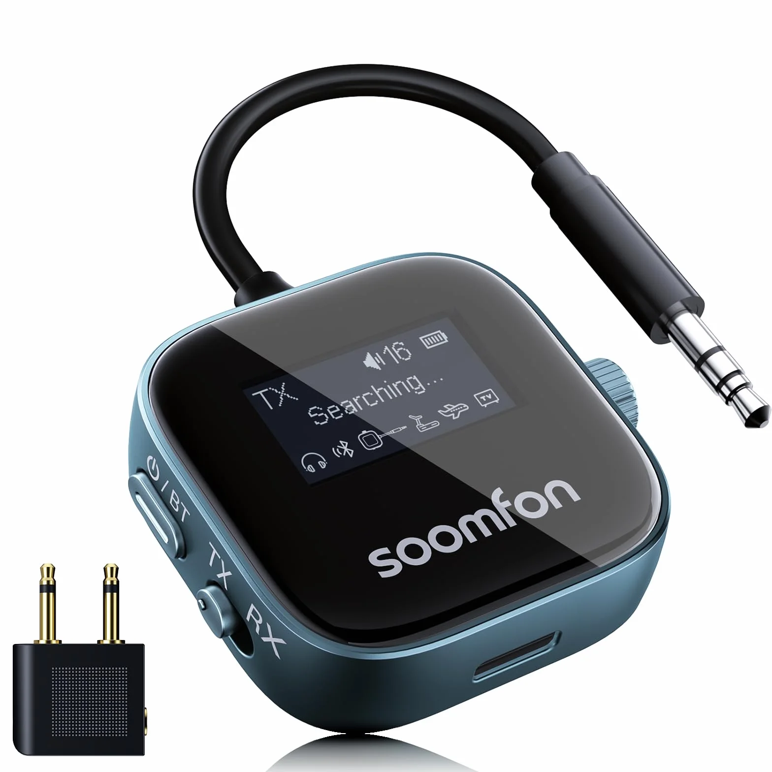 SOOMFON Transmisor Receptor Bluetooth 5.3, 2 en 1 Adaptador Bluetooth Jack 3.5 Baja Latencia & HD, Esmisor Audio Doble Conexión con Pantalla LCD, Receptor para TV/Avión/Coche/Auriculares/Altavoces