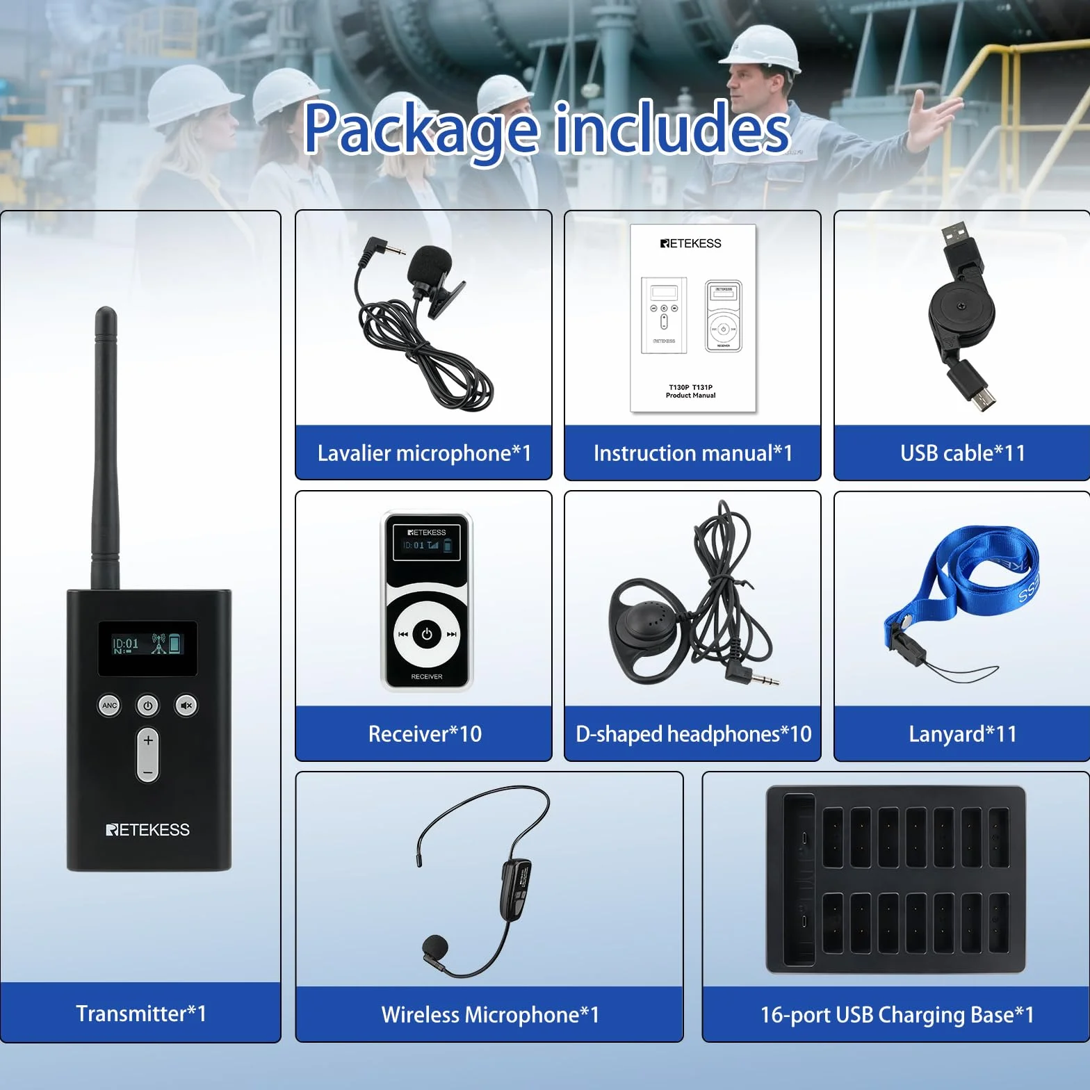 Retekess T130P (T130 3rd) Sistema de Audioguía Inalámbrico, Reducción de Ruido Mejorada, Sistema de Guía Turística Whisper, 160m, para Visita a Fábrica (1 Transmisor 10 Receptores)