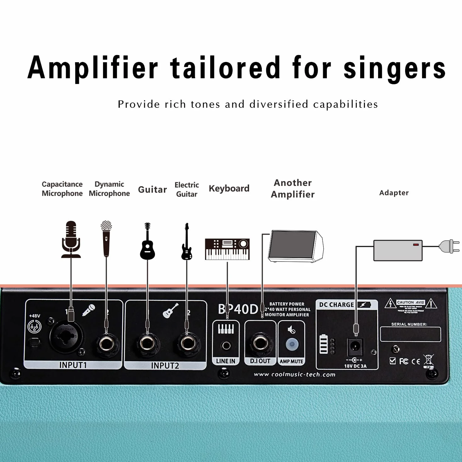 BP40D Amplificador de guitarra acústica Busking Amp - Altavoz Bluetooth portátil de 80 W con batería, efecto de retardo de reverberación de coro, 6 entradas, ecualizador de 3 bandas.