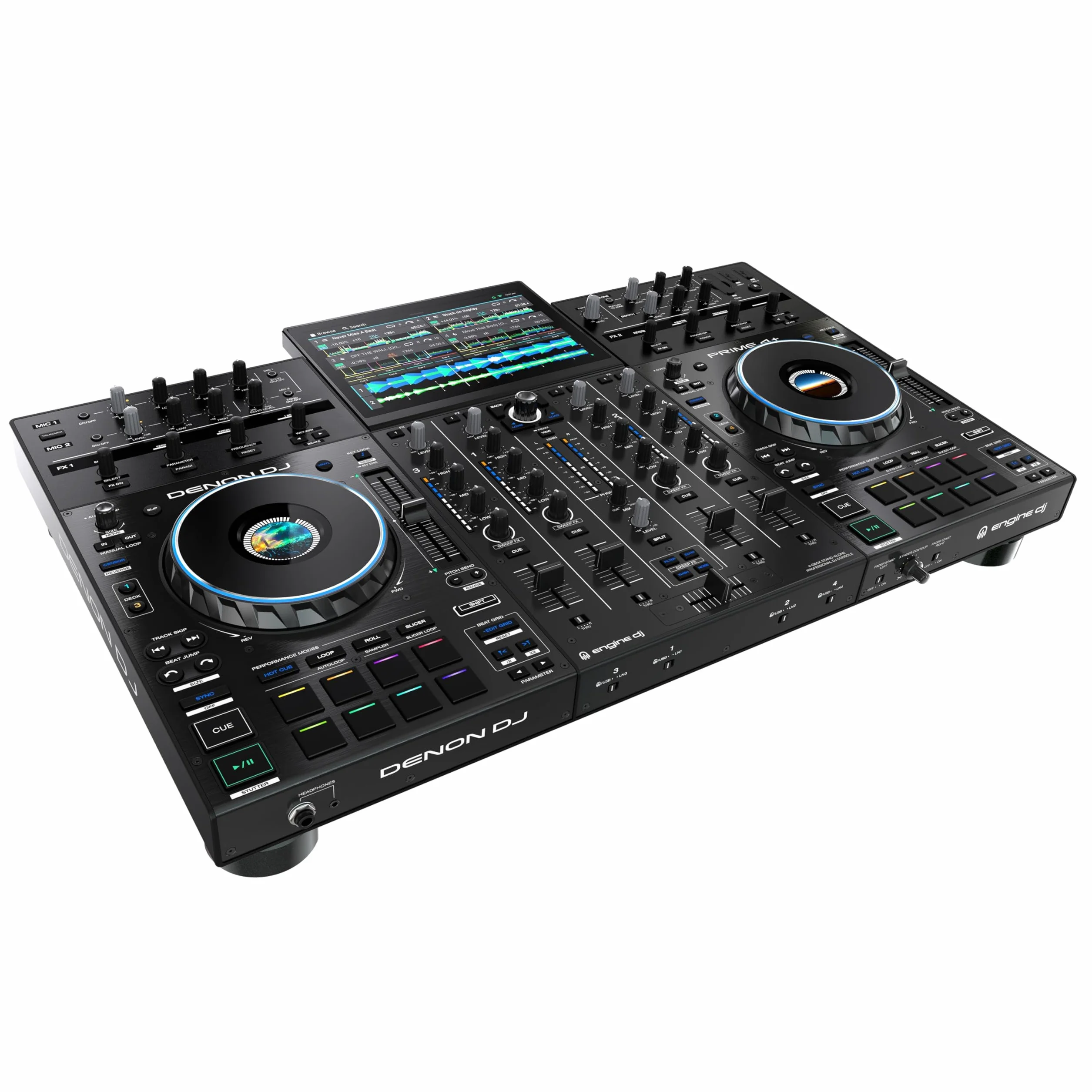 Denon DJ PRIME 4+ Controlador DJ Autónomo con Separación de Stems en 4 Decks, Streaming por WIFI, Mezclador, Pantalla Táctil 10.1-Pugadas, Control de Luces, Negro