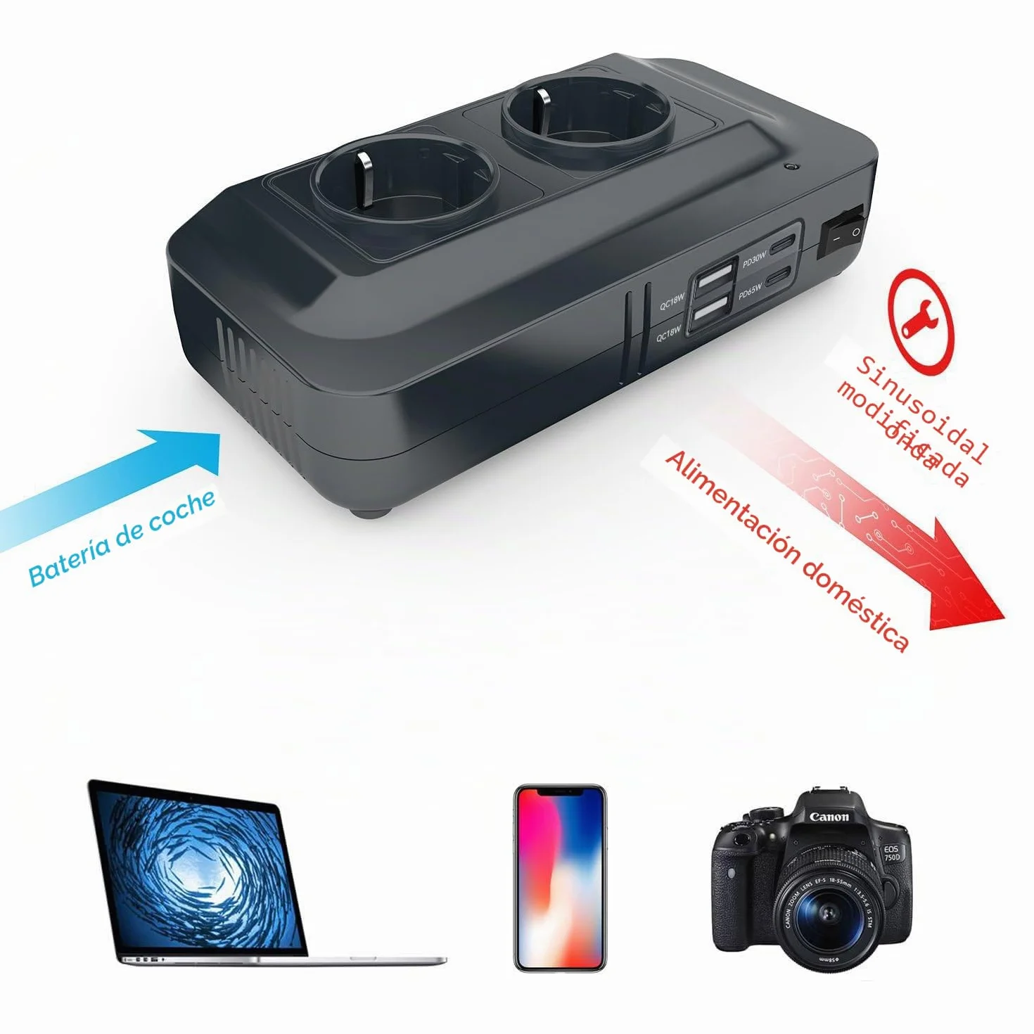 BESTEK - Convertidor de 12 V, 220 V, 230 V, 200 W, Transformador de tensión, 4 Puertos USB y 2 enchufes UE, Cargador de Coche para Camping con múltiples Protecciones y Soft Start