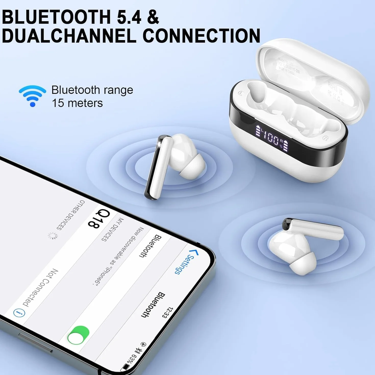 Auriculares Bluetooth, Auriculares Inalámbricos Bluetooth 5.4 con 4 micrófonos de cancelación de Ruido ENC, Cascos Inalambricos Bluetooth estéreo HiFi de 48 Horas, IPX7 Impermeable Audifonos