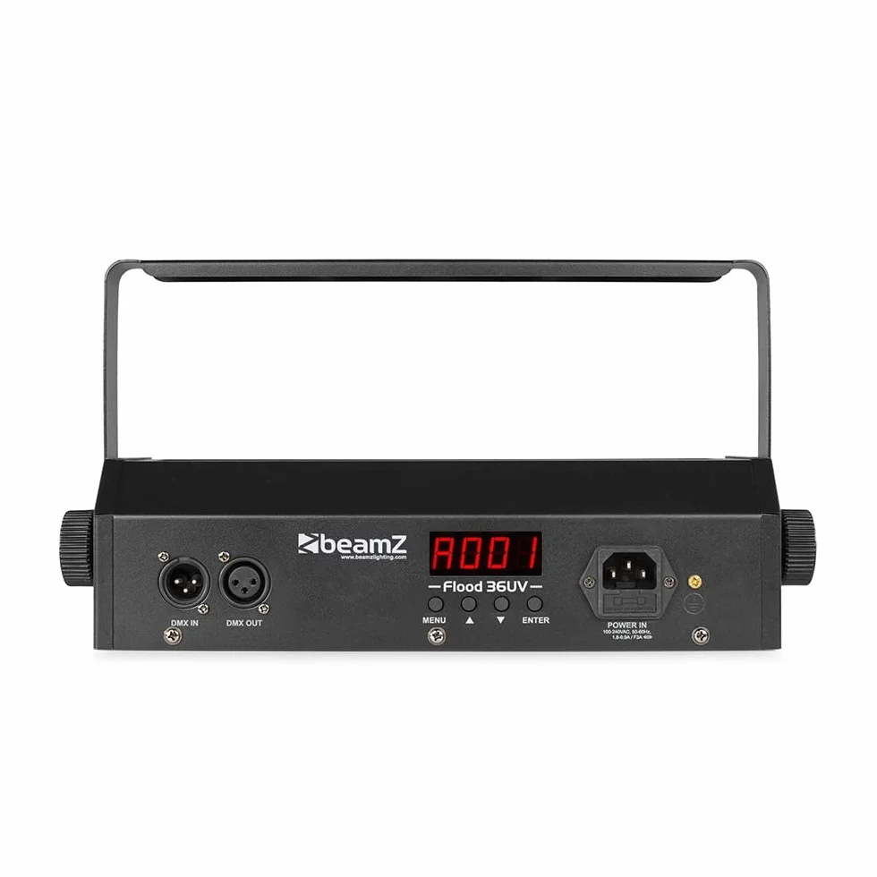 BeamZ Flood 36UV Luz LED Negra con 36 leds de 3W ultravioleta, Juego de Luces, DMX, XLR, Control de Sonido, Pantalla LED, Función Estroboscópica, Ideal para Fiestas Temáticas, discoteca, eventos