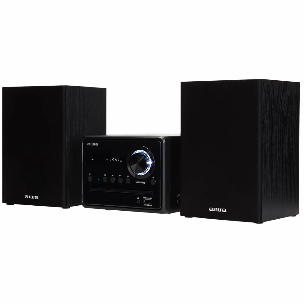 AIWA MSBTU-300MKII Microcadena HiFi Bluetooth 20W RMS, Equipo de Música con CD MP3, USB, Radio FM, Entrada Óptica, AUX RCA, Salida Auriculares, Mando a Distancia, Negro